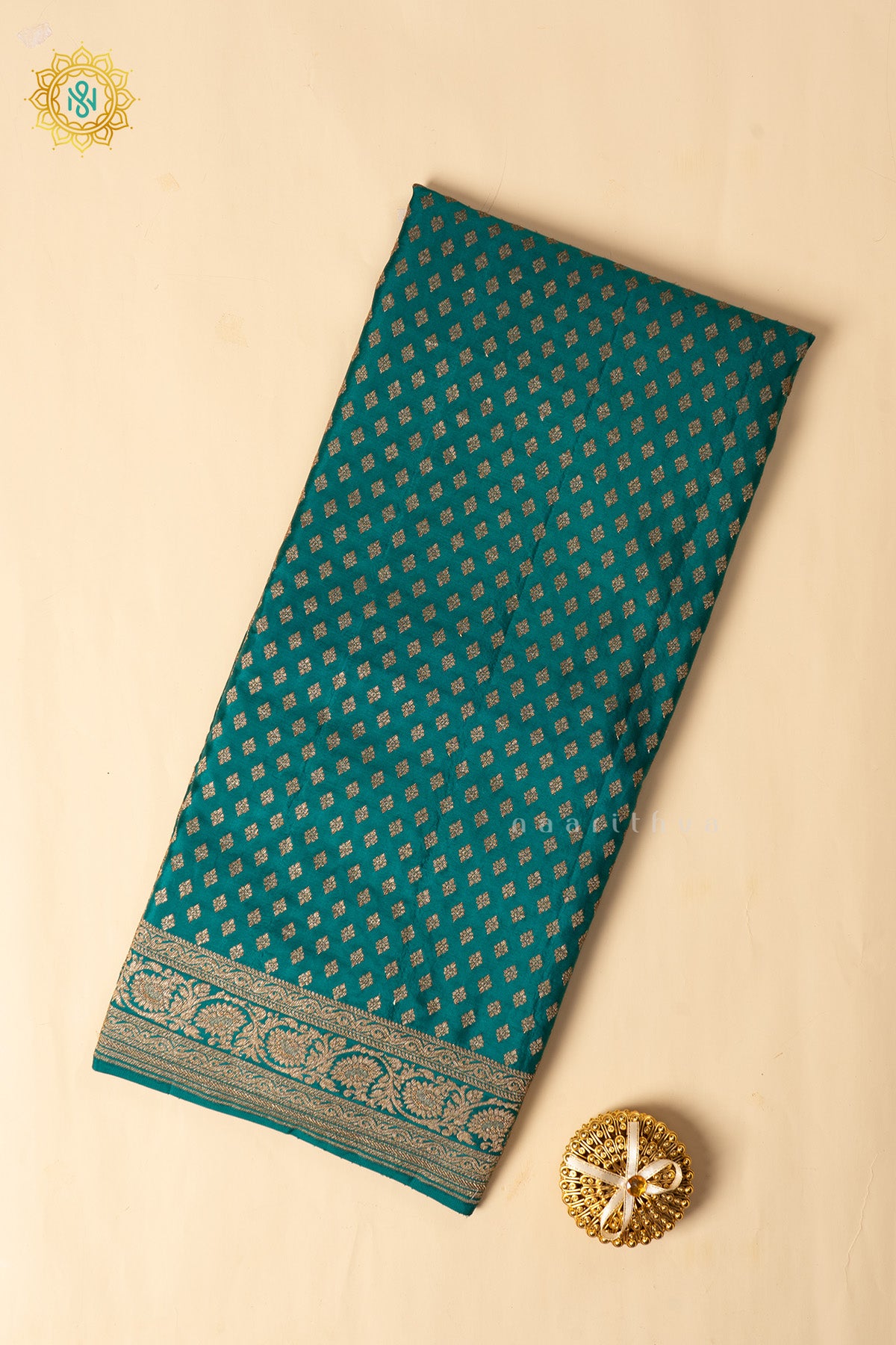 Cyan Green Pure Banrasi Crepe Silk Allover Zari Buttas On The Body With Contrast Zari Border & Pallu