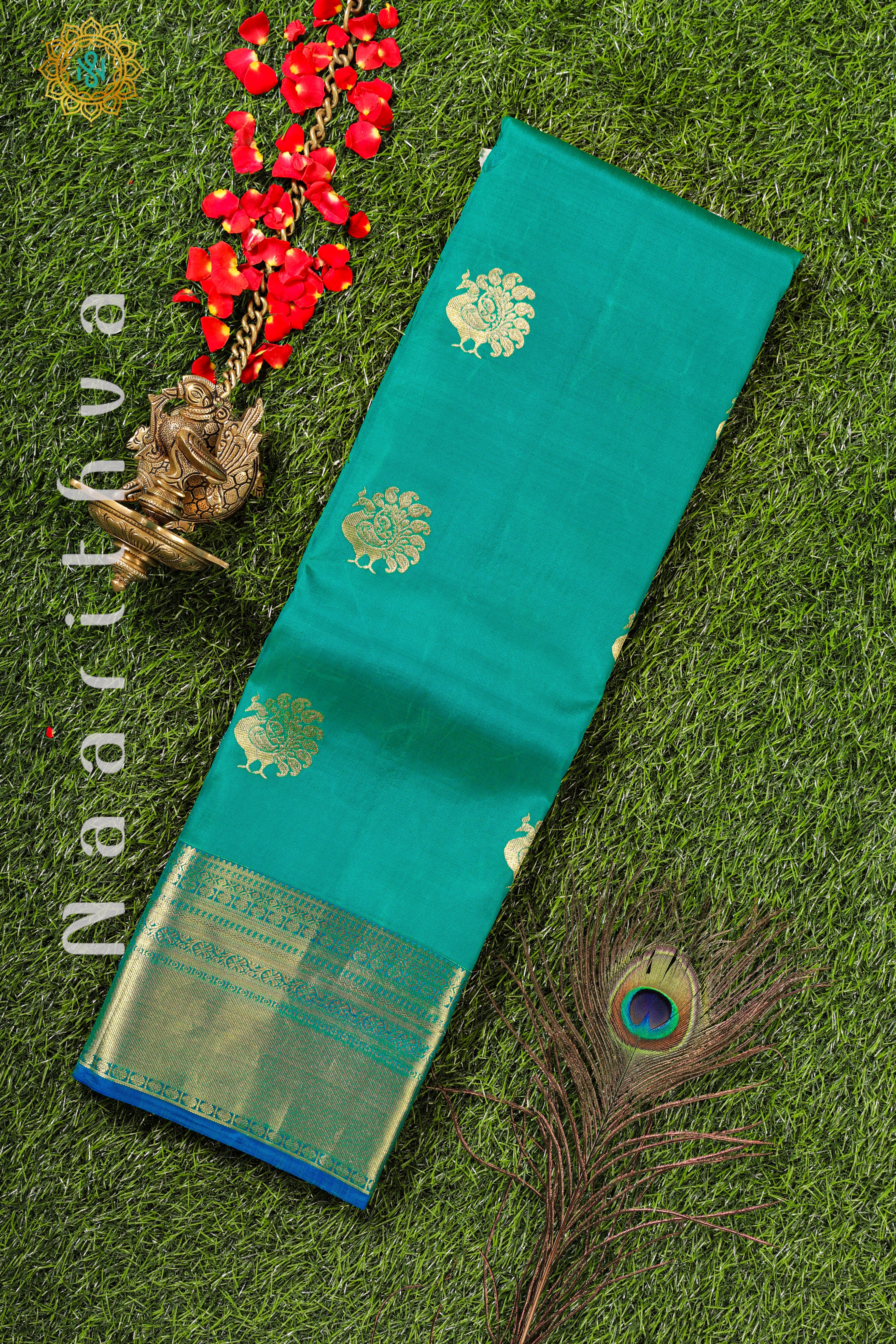 TEAL GREEN WITH BLUE - KANJIVARAM PURE MIX