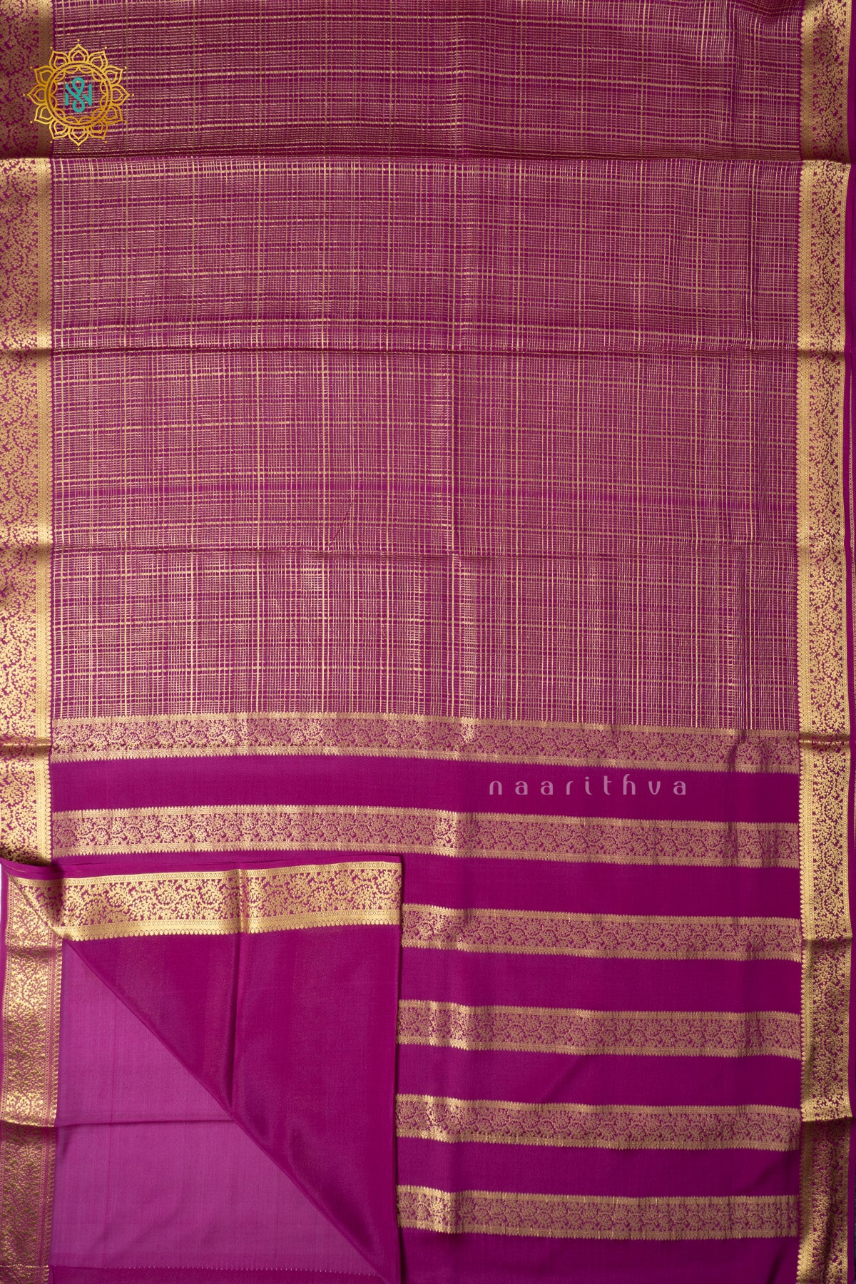Magenta Pure Mysore Crepe Silk Saree with Checks Body & Zari Border