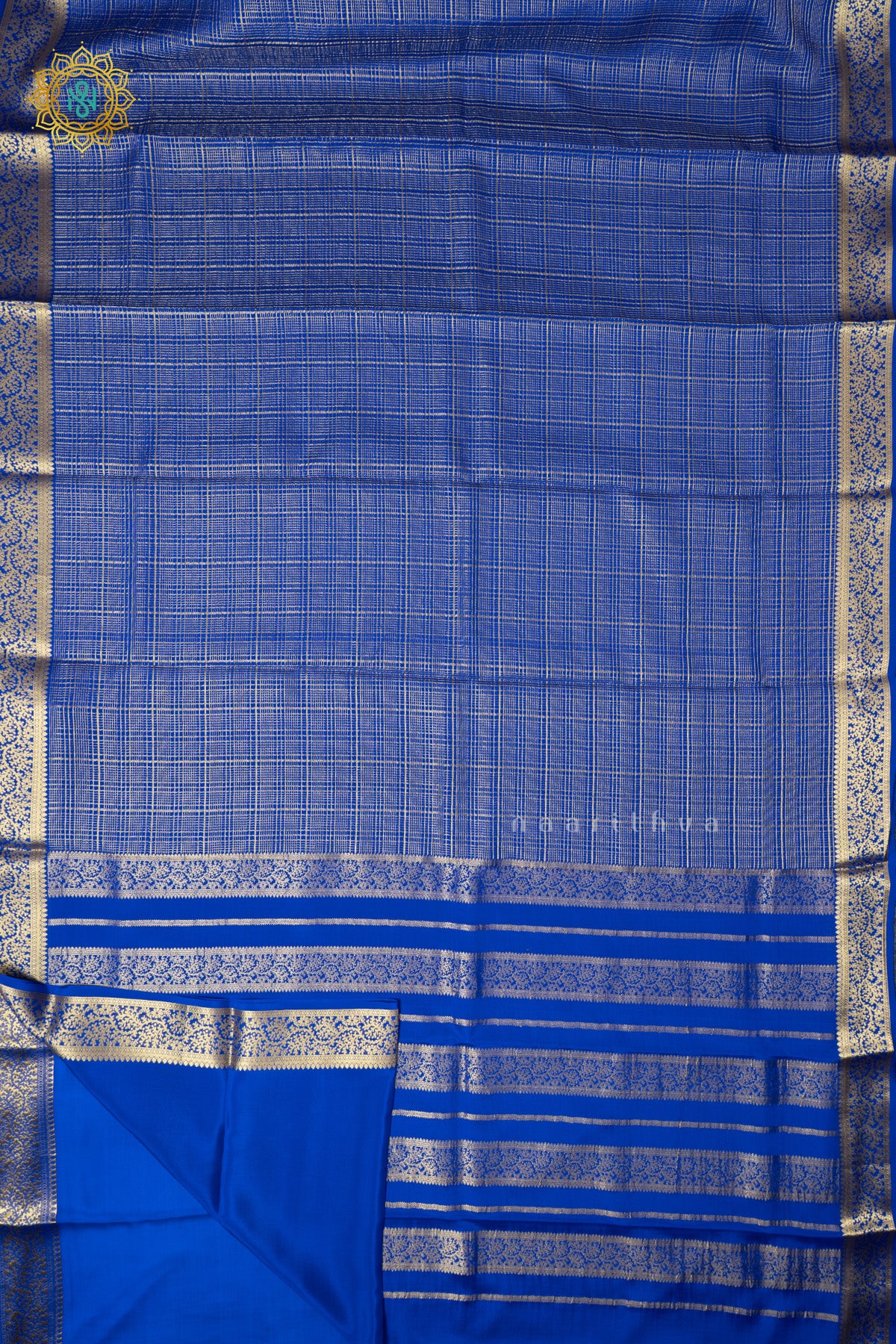 Royal Blue Pure Mysore Crepe Silk Saree with Checks Body & Zari Border