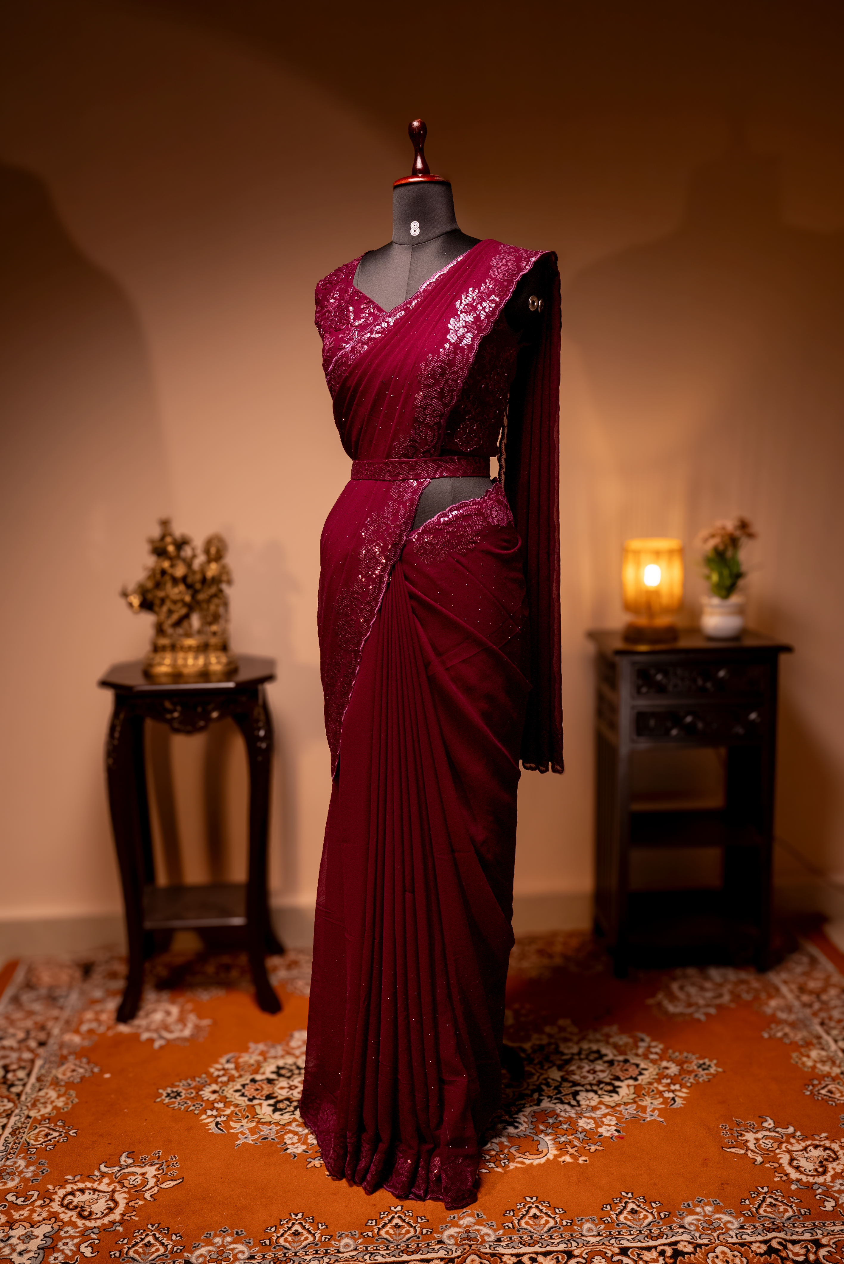 WINE - DESIGNER GEORGETTE SAREE WITH READYMADE BLOUSE