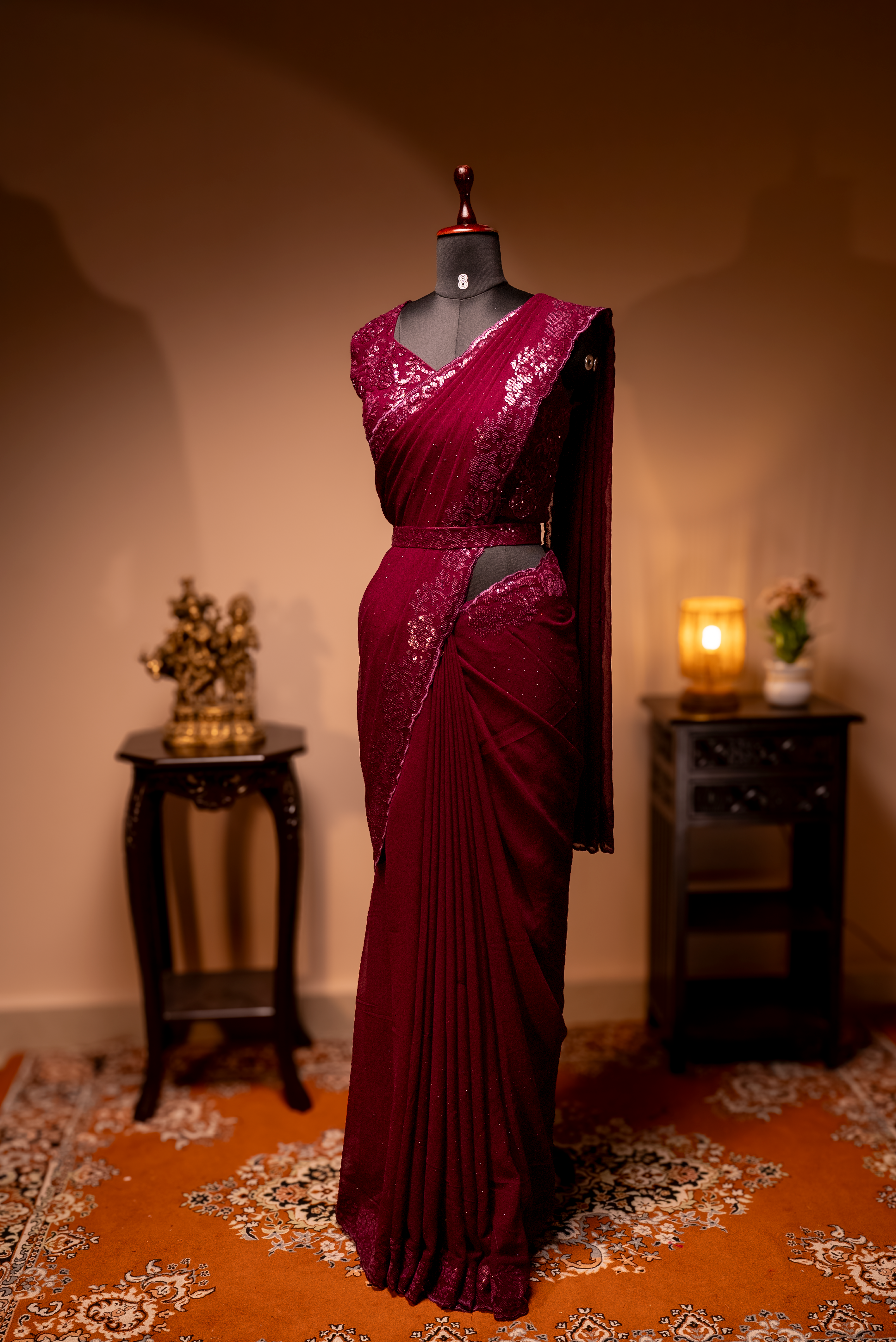 WINE - DESIGNER GEORGETTE SAREE WITH READYMADE BLOUSE
