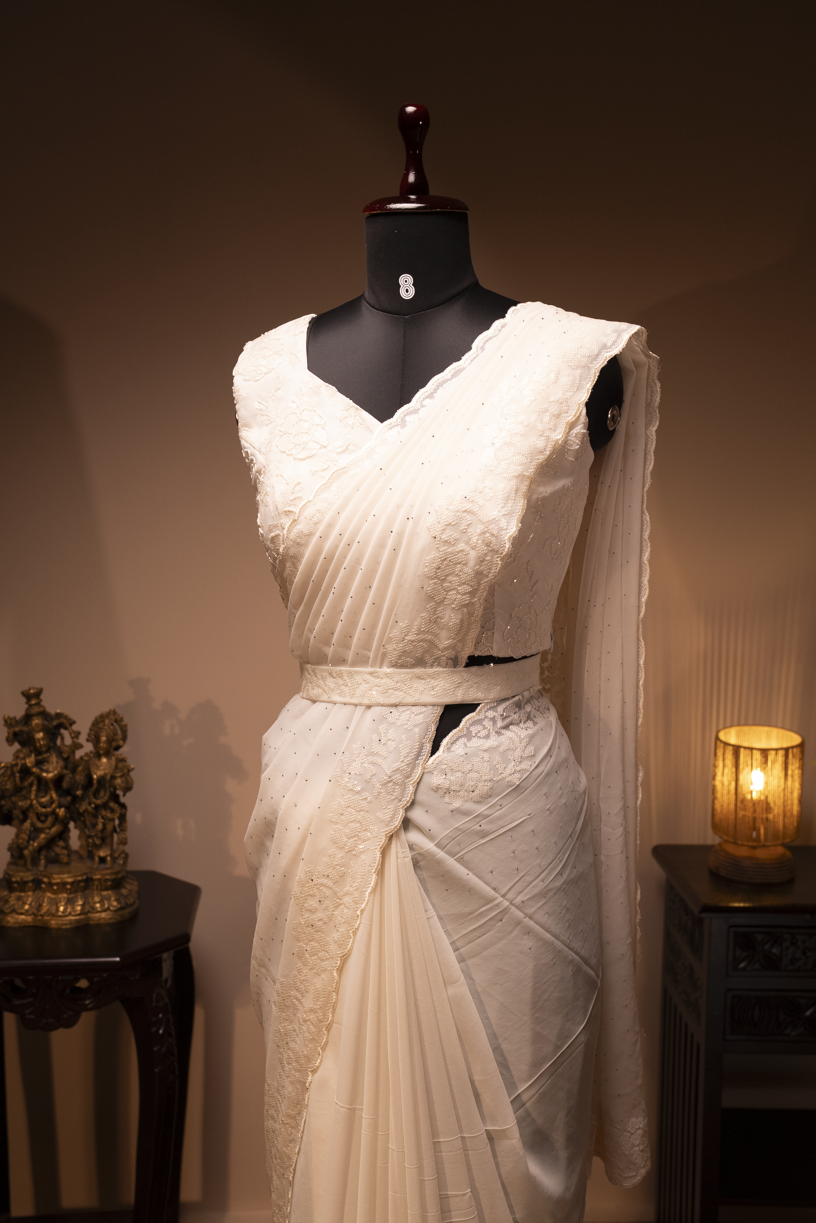 WHITE- DESIGNER GEORGETTE SAREE WITH READYMADE BLOUSE