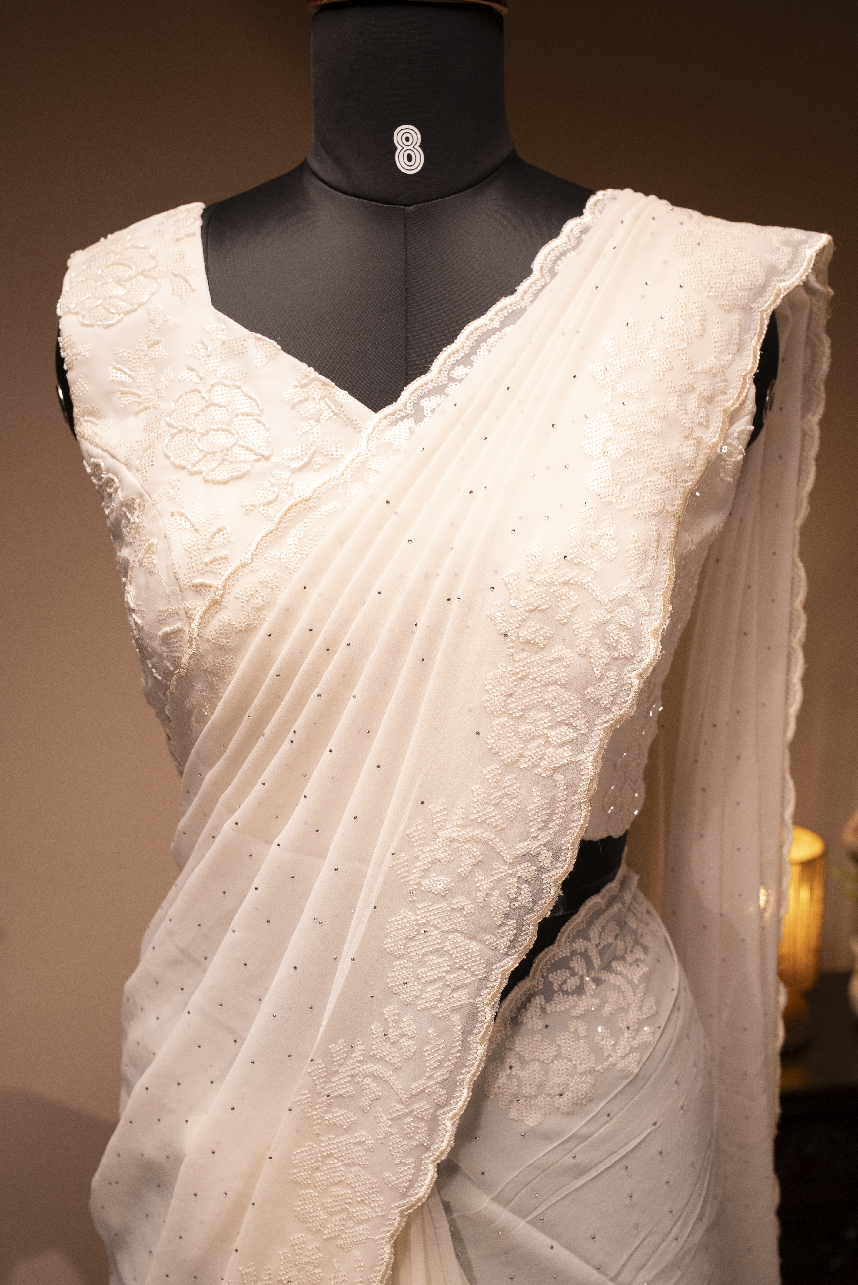 WHITE- DESIGNER GEORGETTE SAREE WITH READYMADE BLOUSE