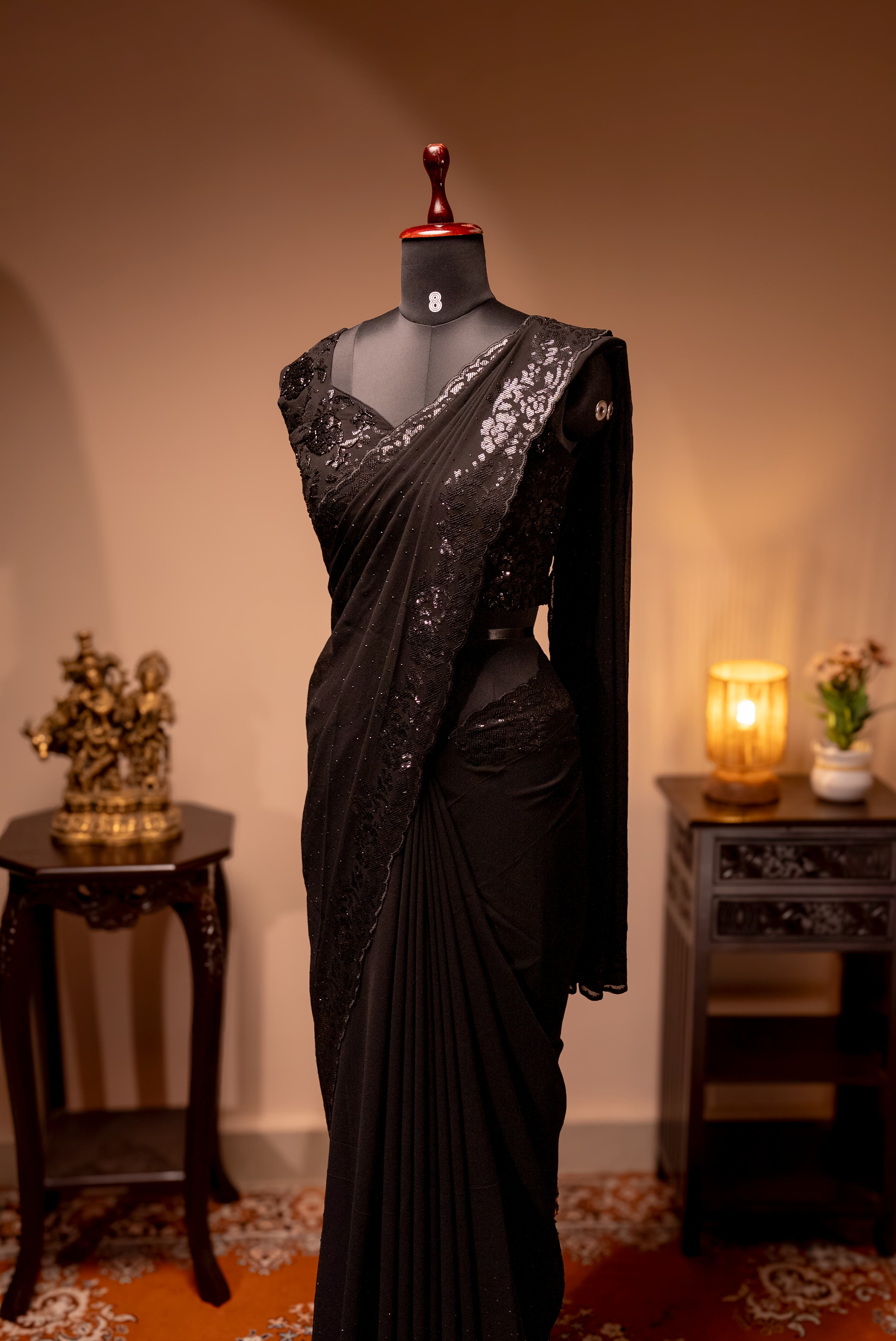 BLACK - DESIGNER GEORGETTE SAREE WITH READYMADE BLOUSE