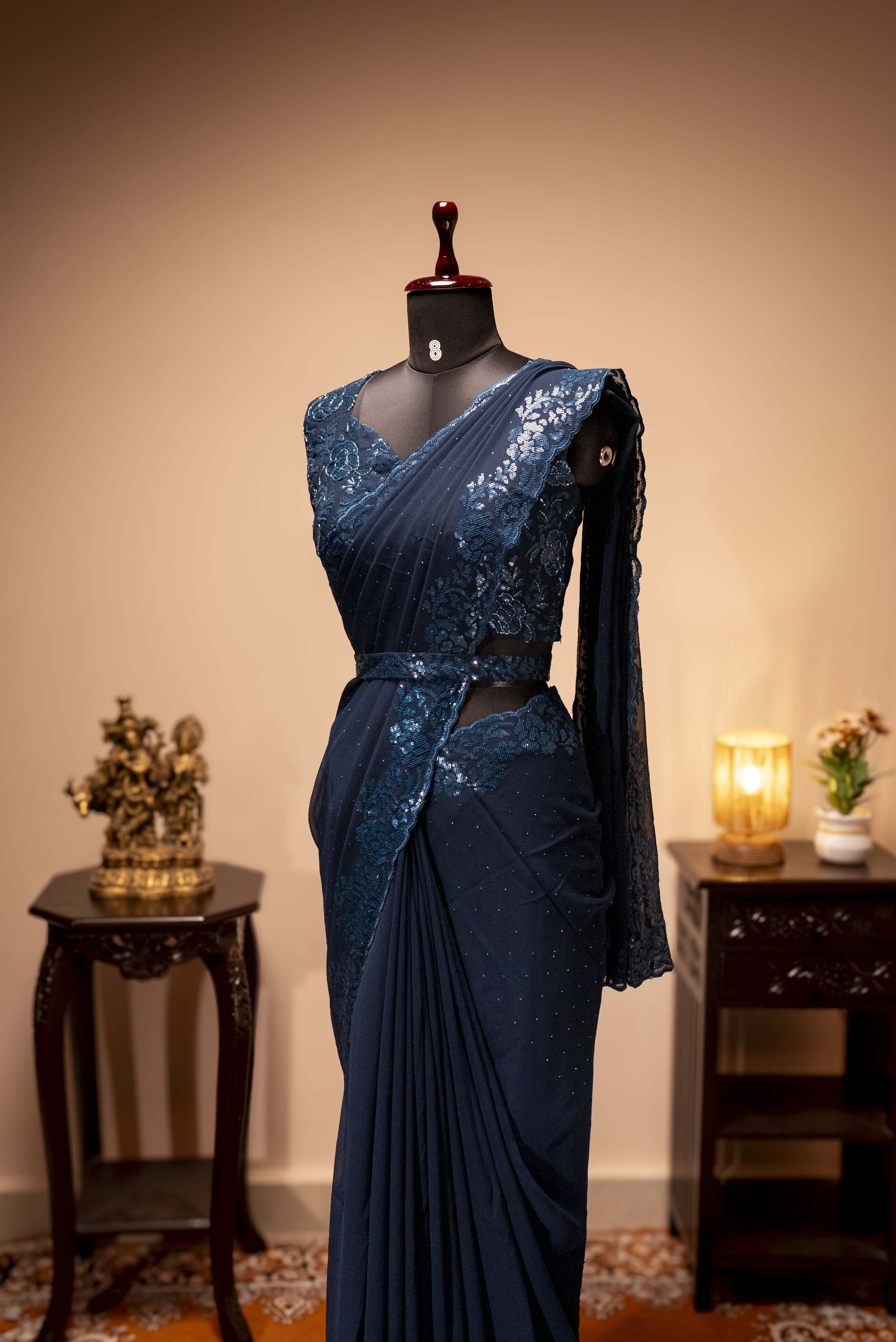 Peacock Blue - Designer Georgette Saree With Readymade Blouse