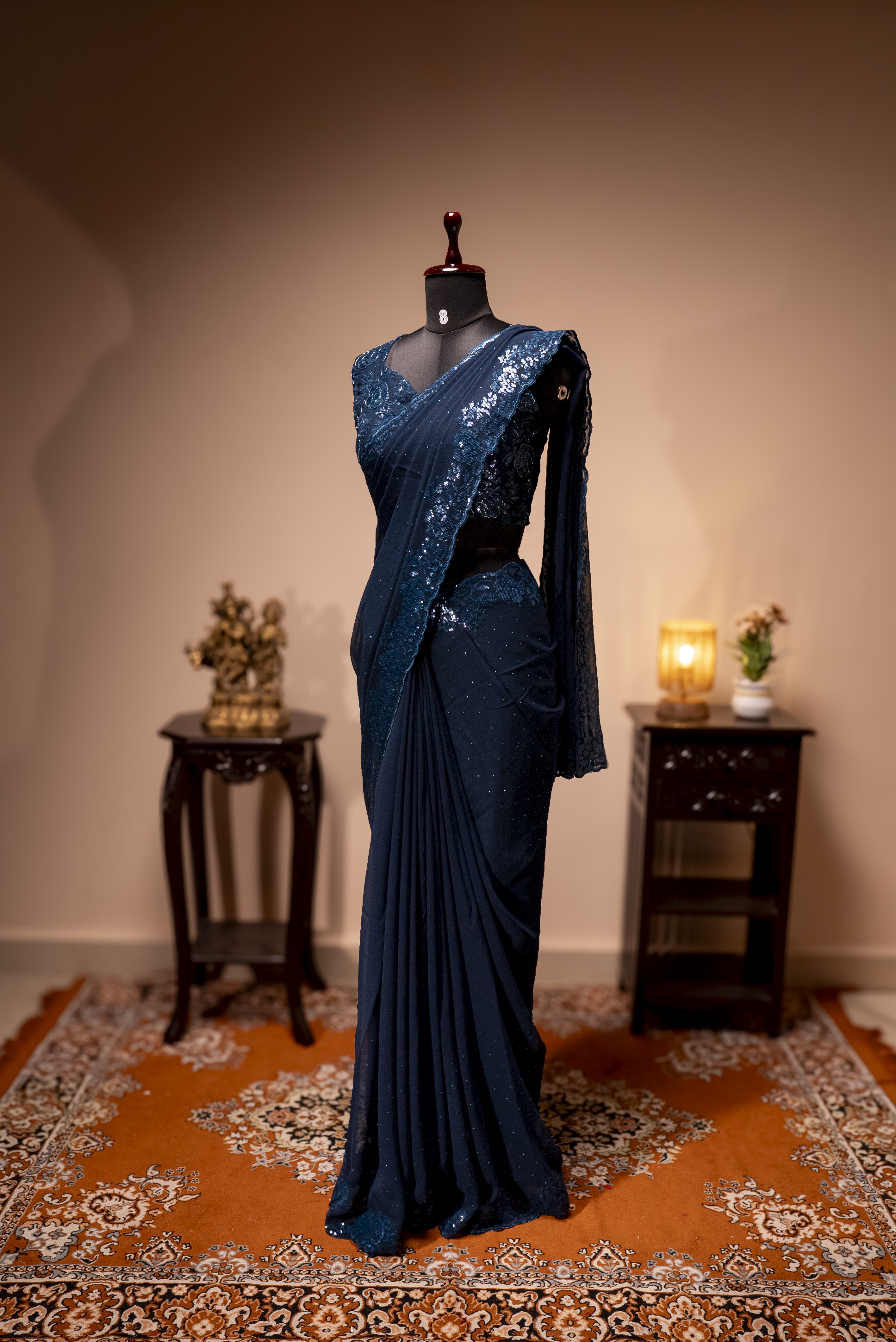 Peacock Blue - Designer Georgette Saree With Readymade Blouse