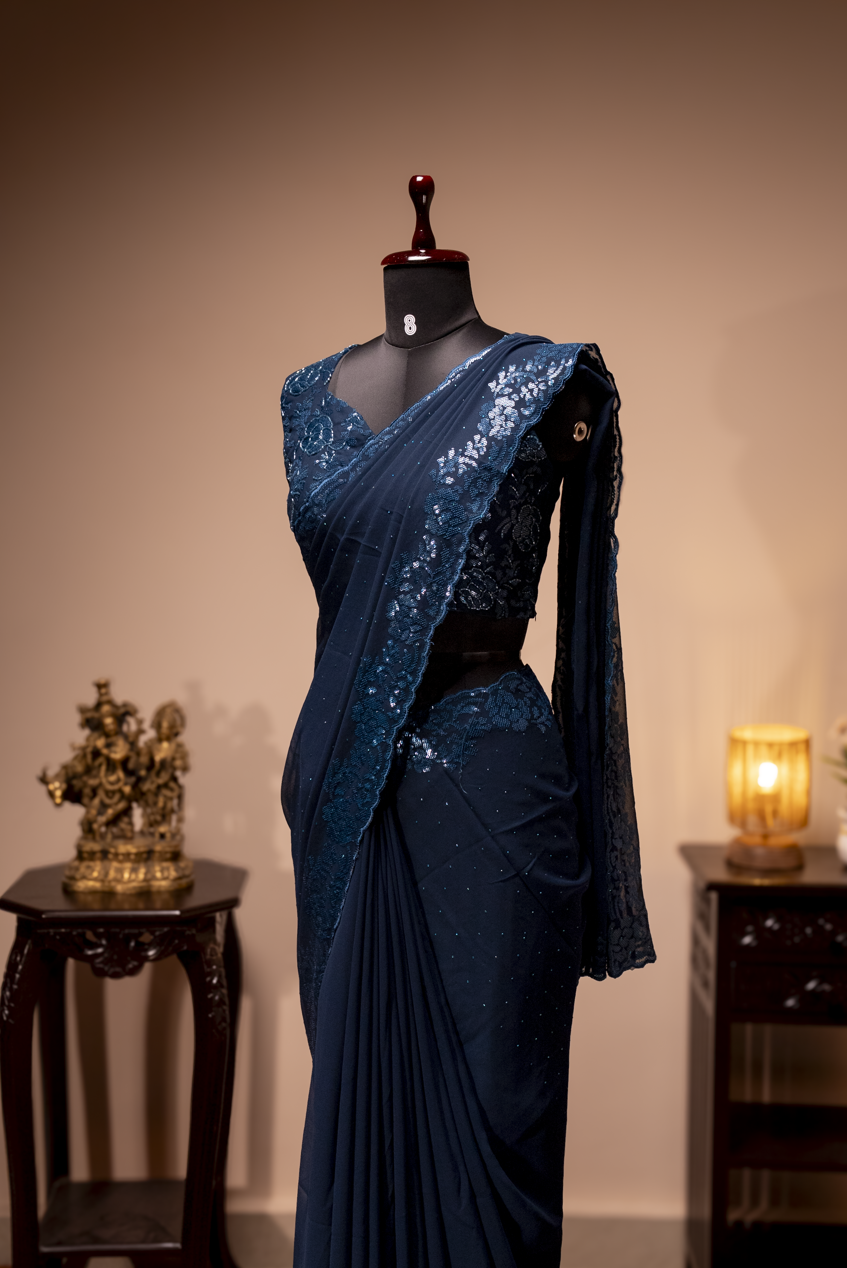 Peacock Blue - Designer Georgette Saree With Readymade Blouse