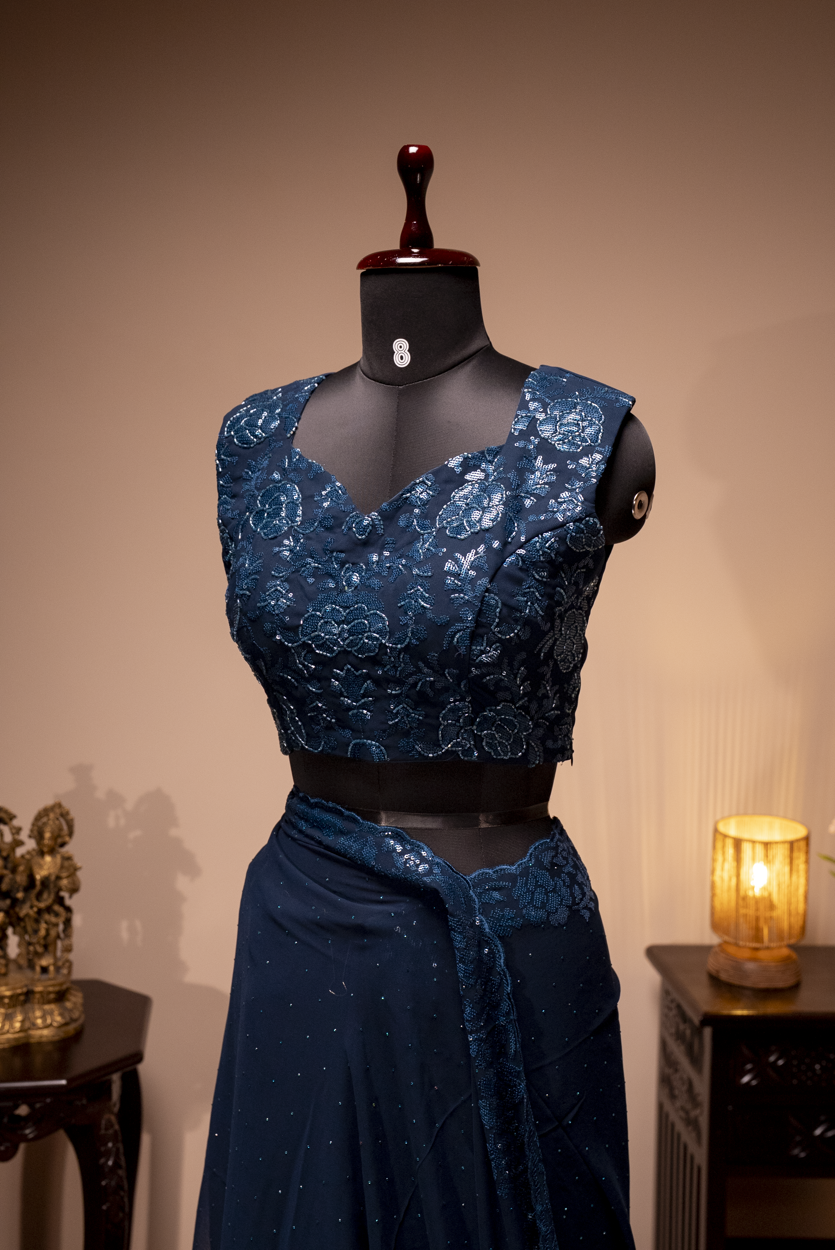 Peacock Blue - Designer Georgette Saree With Readymade Blouse