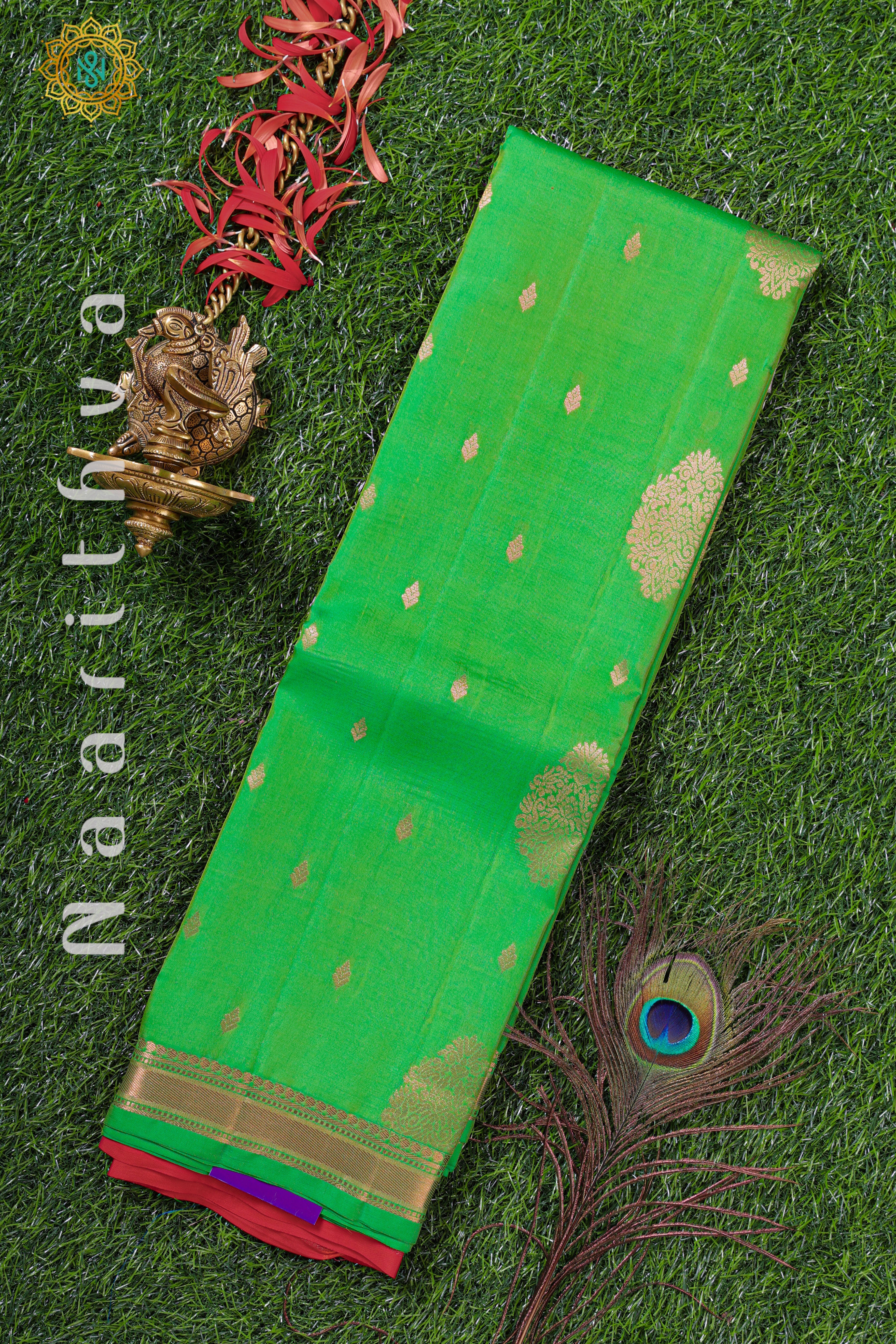 PARROT GREEN WITH ORANGESIH PINK - KANJIVARAM PURE MIX