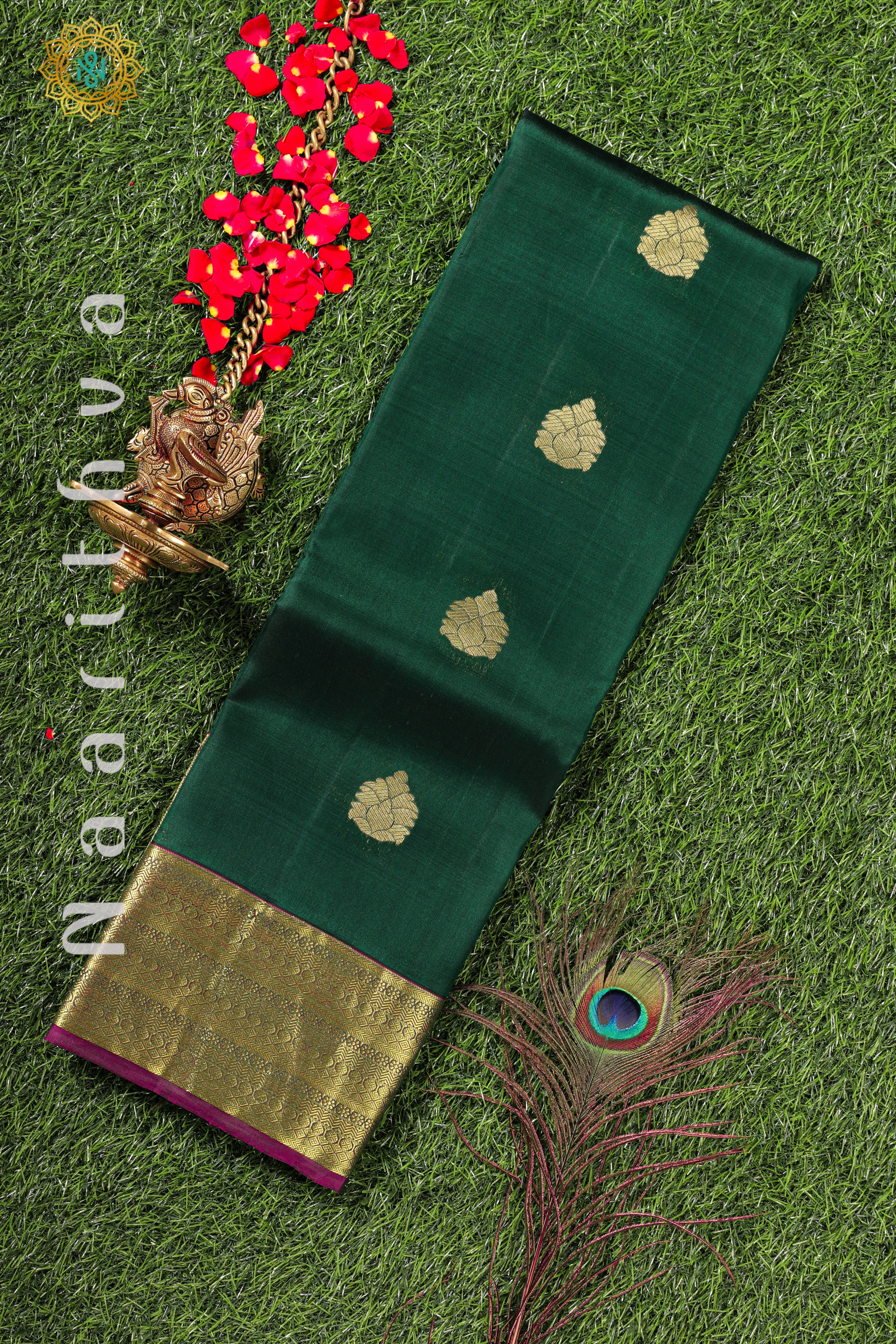 BOTTLE GREEN WITH MAROON - KANJIVARAM PURE MIX