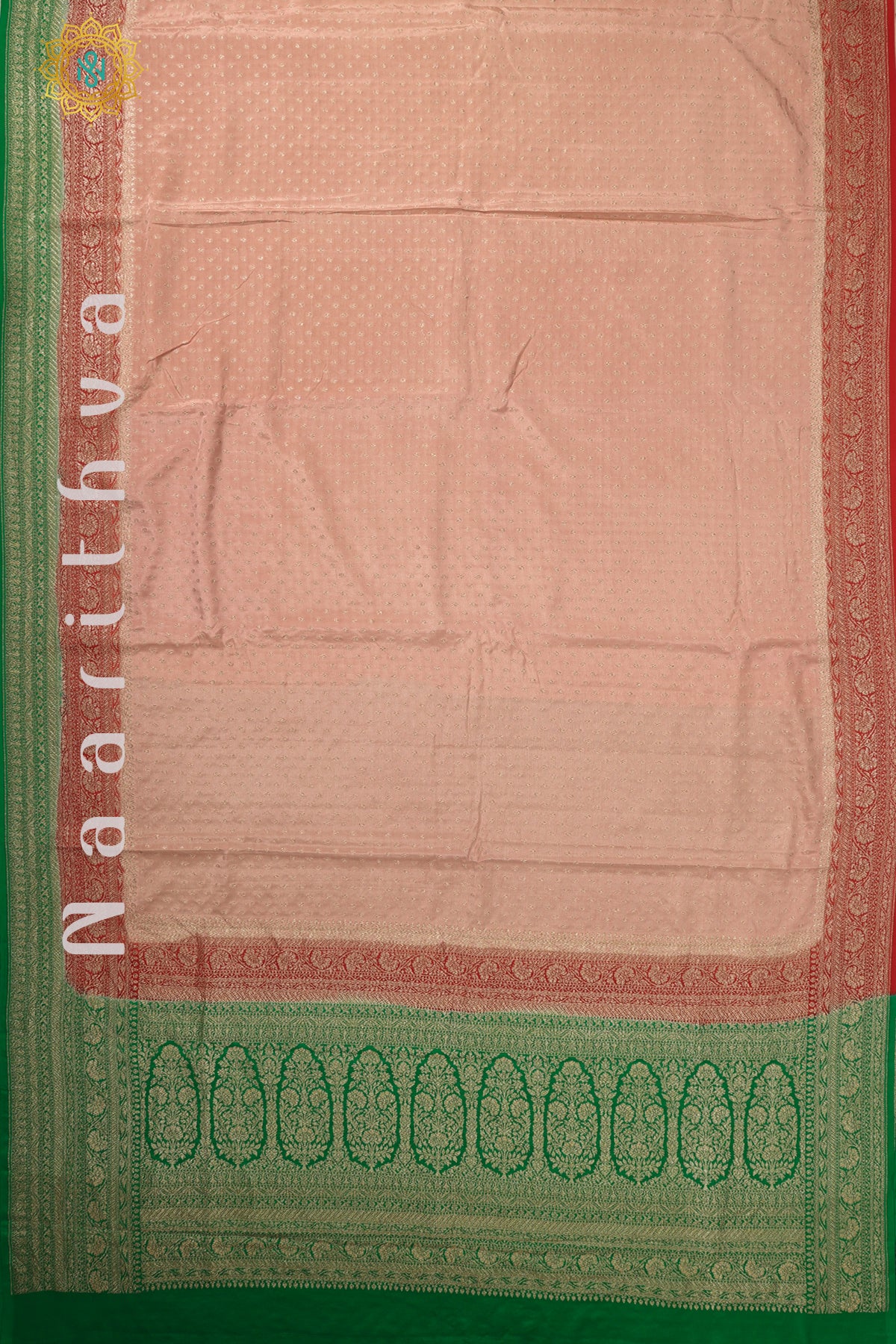 PEACH WITH RED & GREEN - PURE BANARASI CREPE