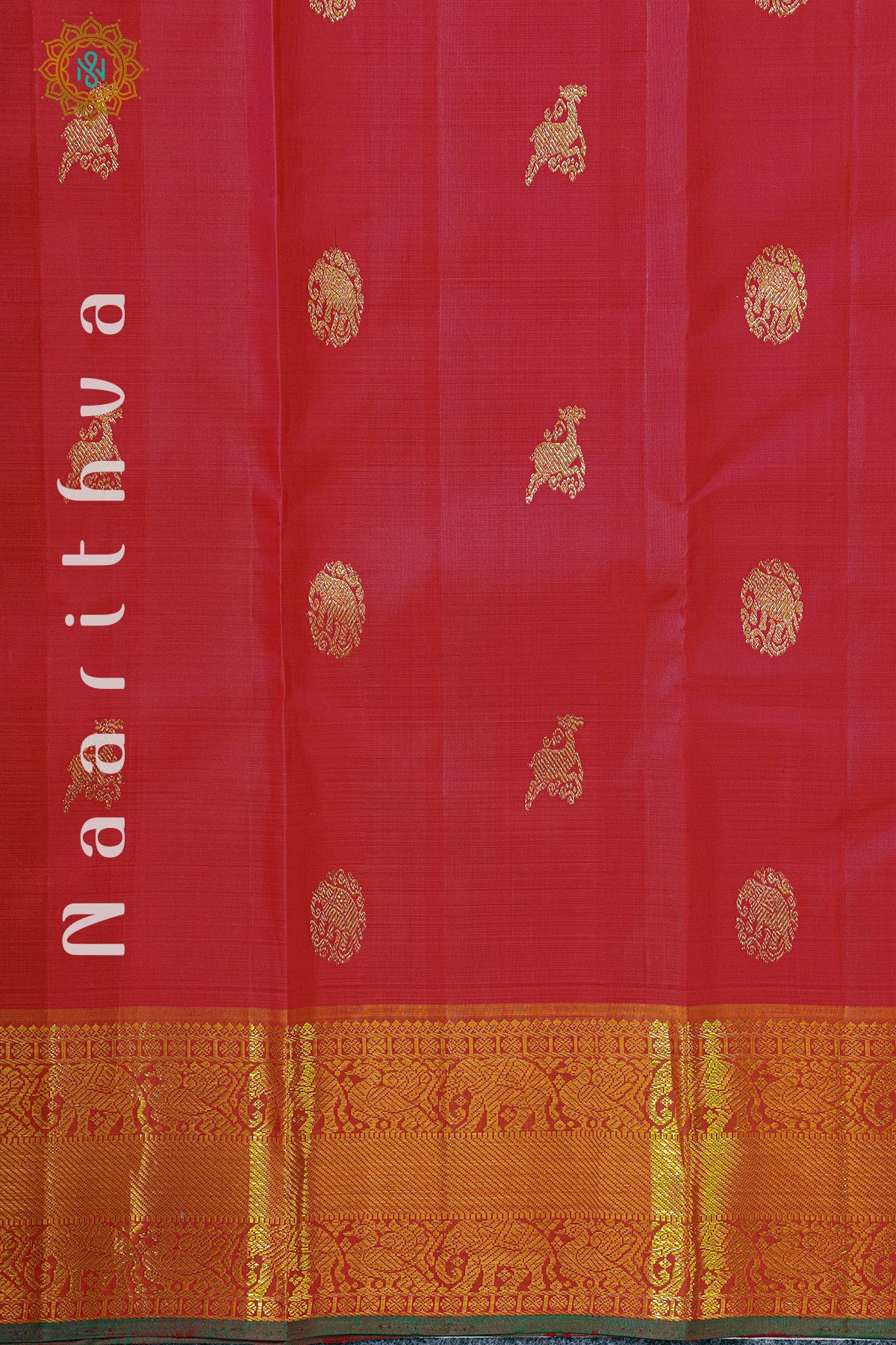 REDDISH ORANGE WITH GREEN - PURE KANJIVARAM SILK