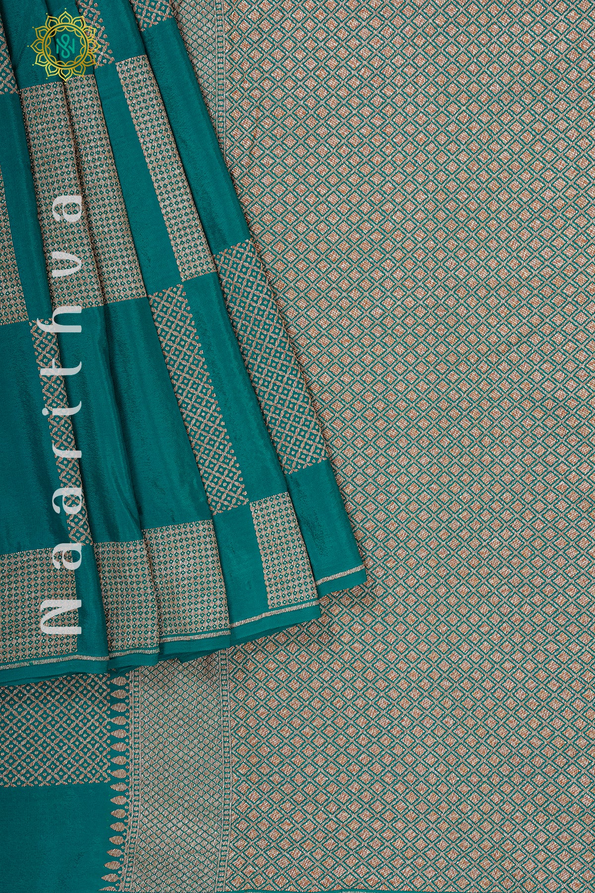 TEAL GREEN WITH PINK - PURE BANARASI CREPE SILK