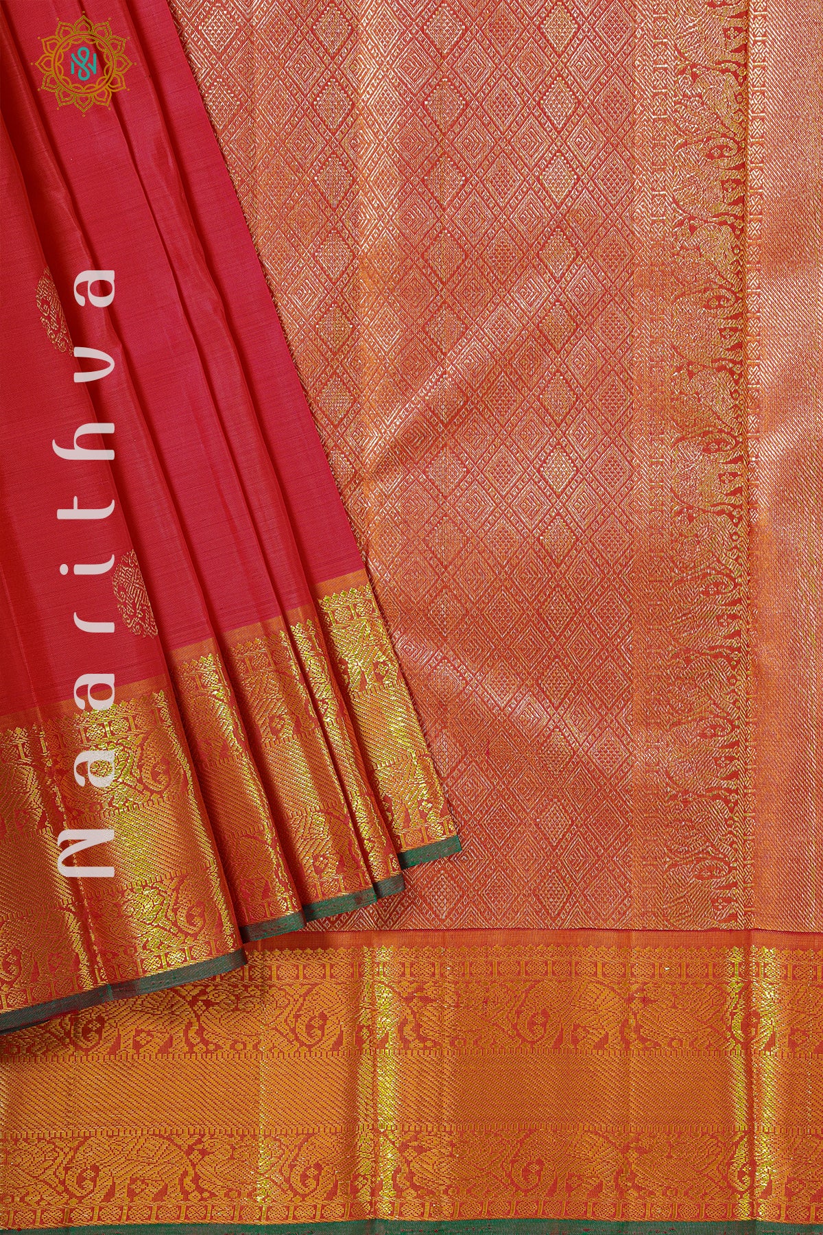 REDDISH ORANGE WITH GREEN - PURE KANJIVARAM SILK