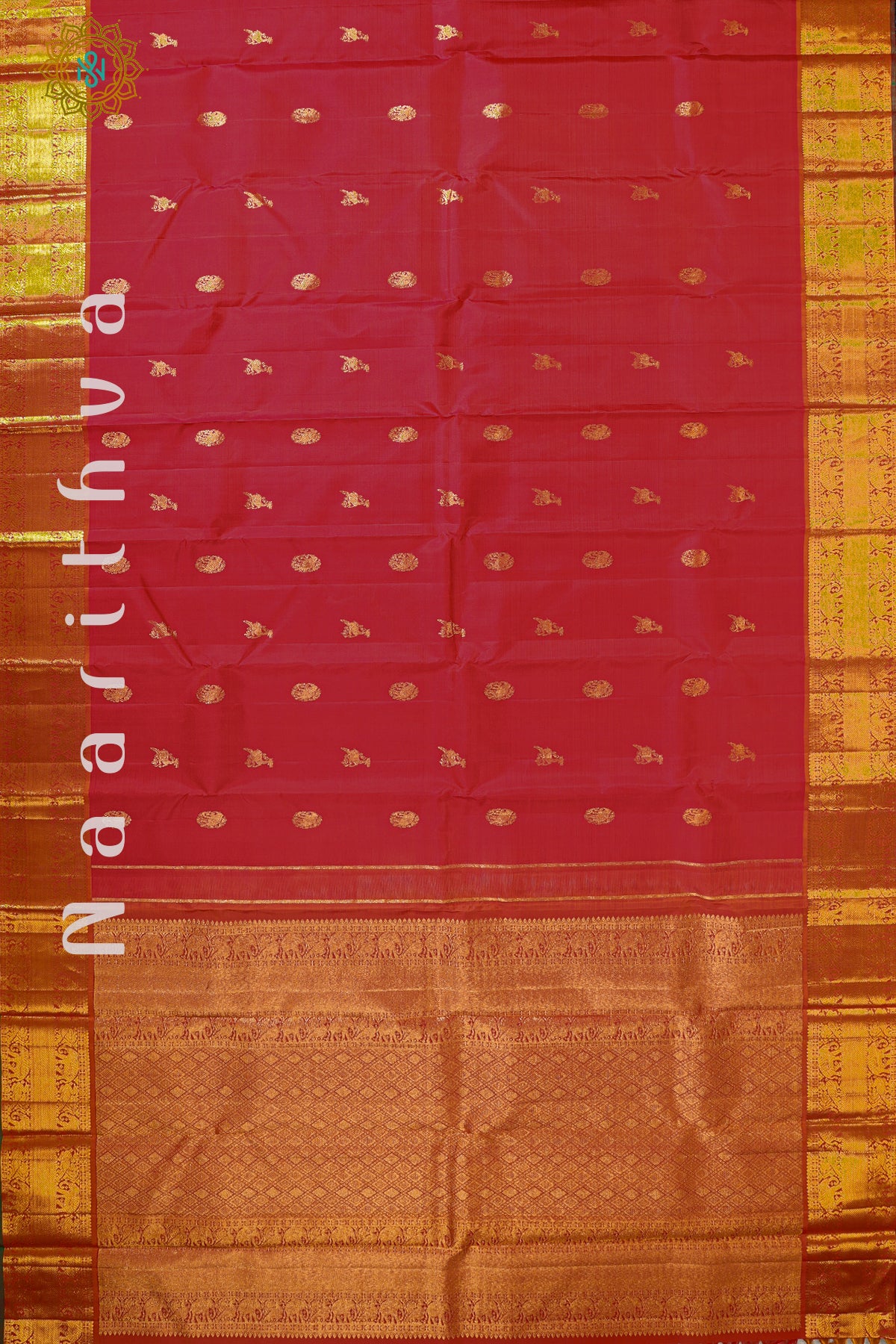 REDDISH ORANGE WITH GREEN - PURE KANJIVARAM SILK