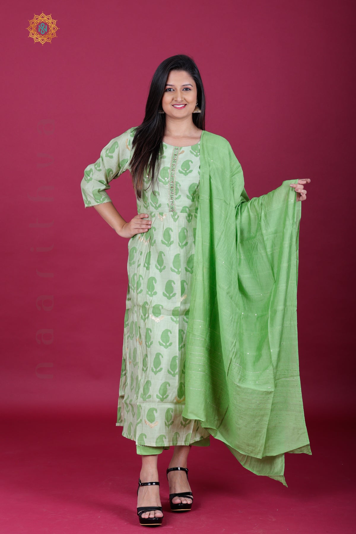 PISTA GREEN - SALWAR SUIT WITH NECK EMBROIDERY