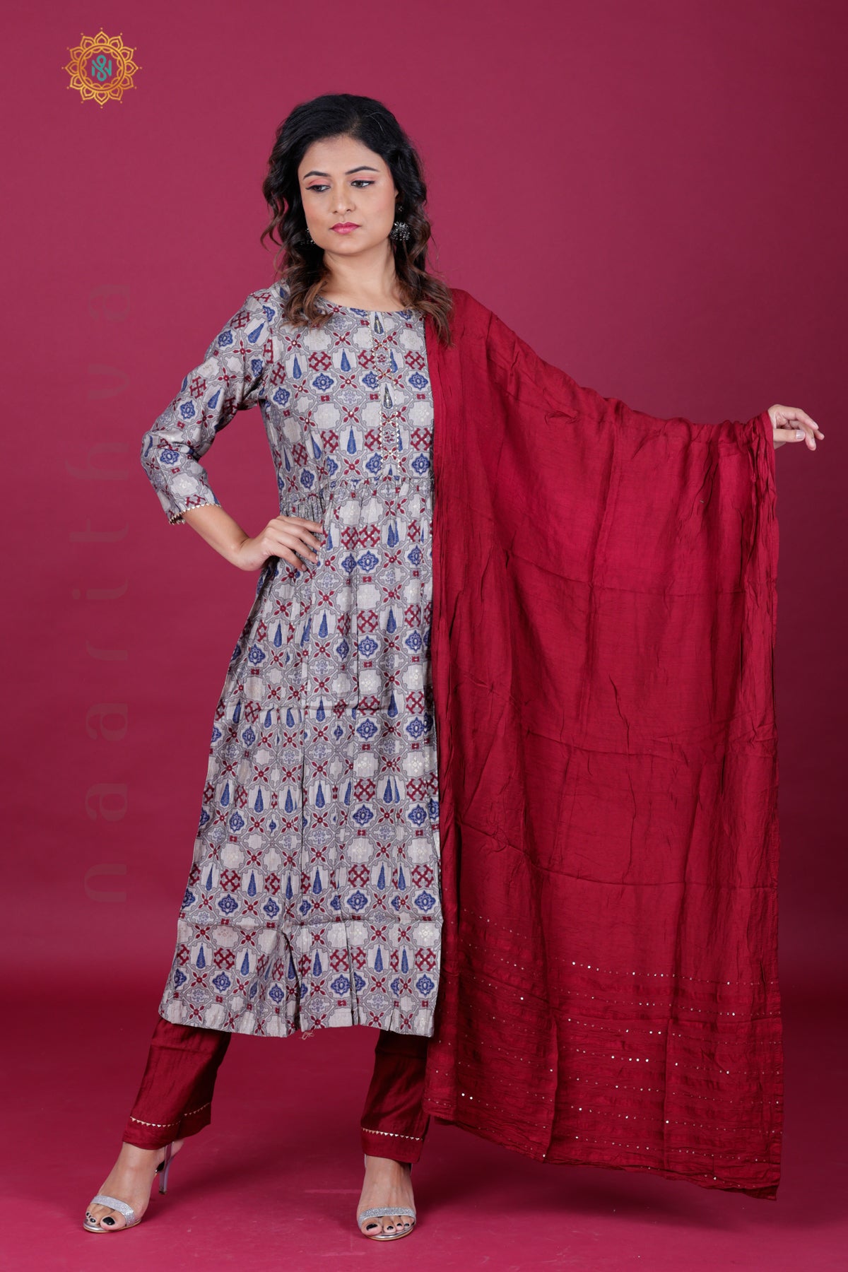 GREY WITH MAROON - SALWAR SUIT WITH NECK EMBROIDERY