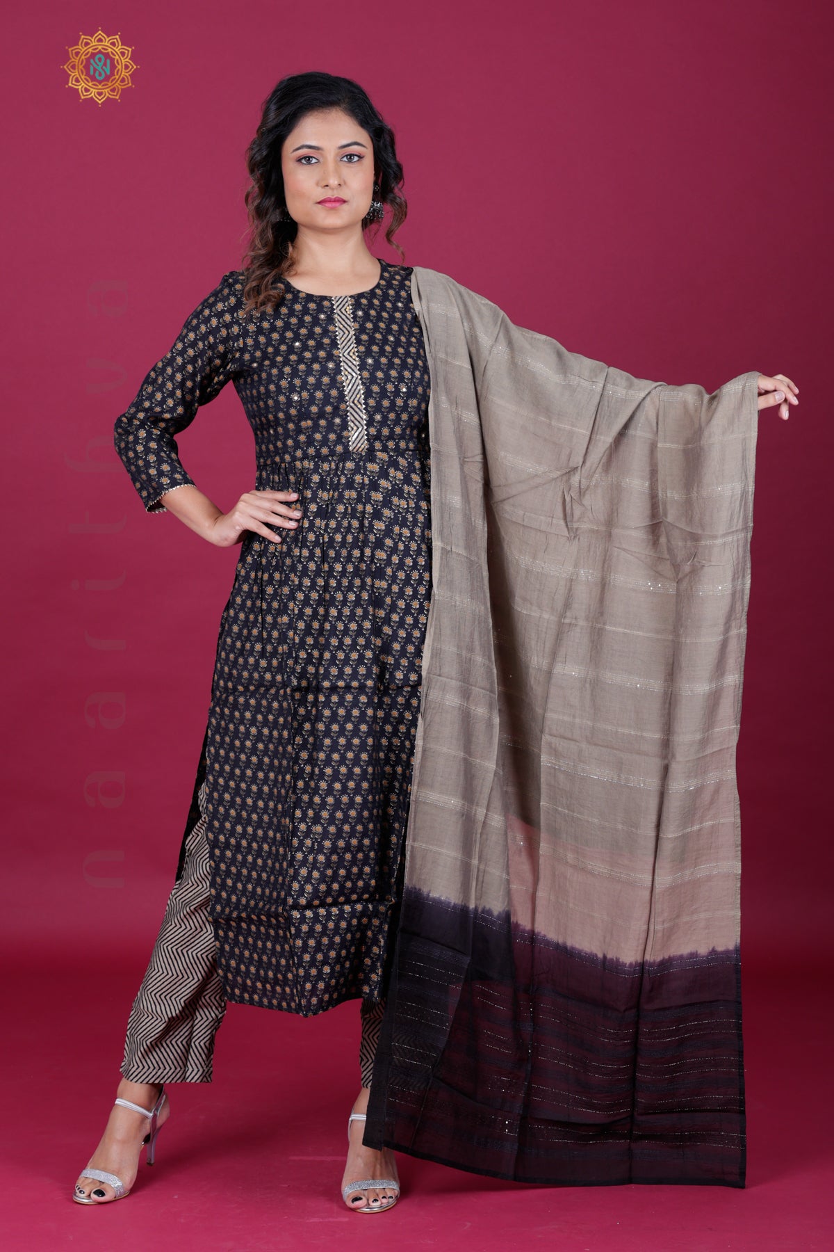 BLACK WITH GREY - SALWAR SUIT WITH NECK EMBROIDERY