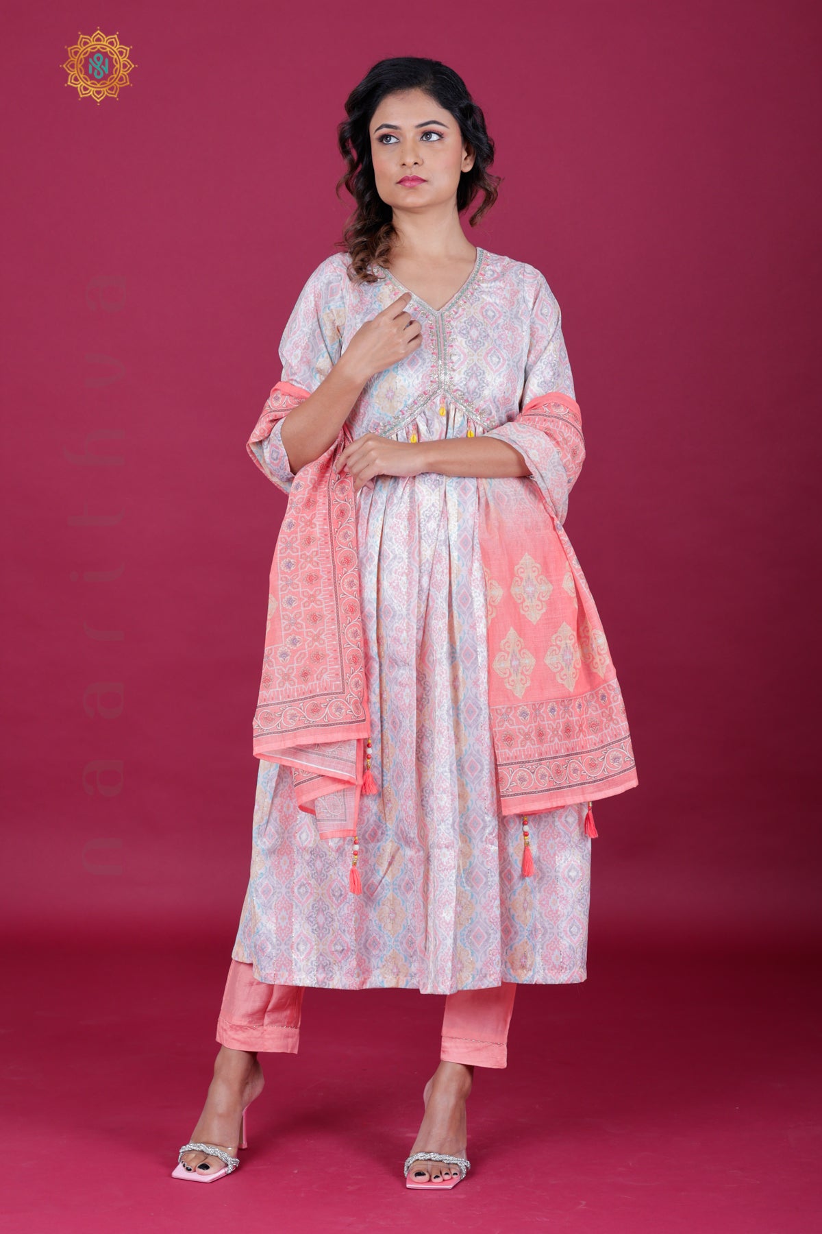 OFF WHITE WITH PEACH - PARTY WEAR ALIA CUT SALWAR SUIT