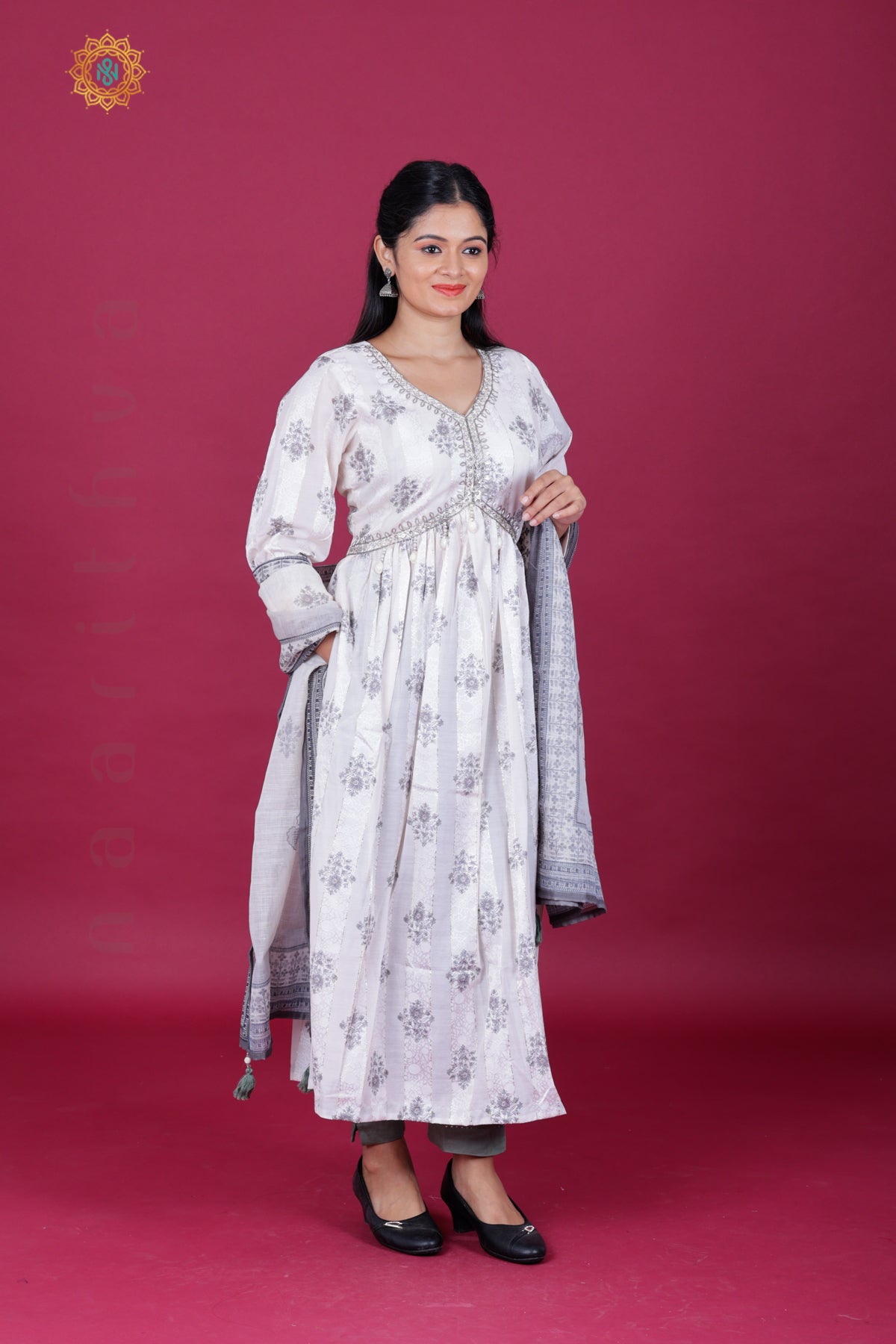OFF WHITE WITH GREY - PARTY WEAR ALIA CUT SALWAR SUIT