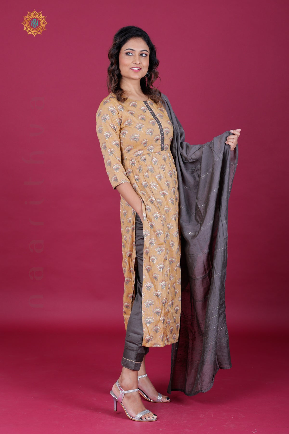 LIGHT BROWN WITH GREY - SALWAR SUIT WITH NECK EMBROIDERY