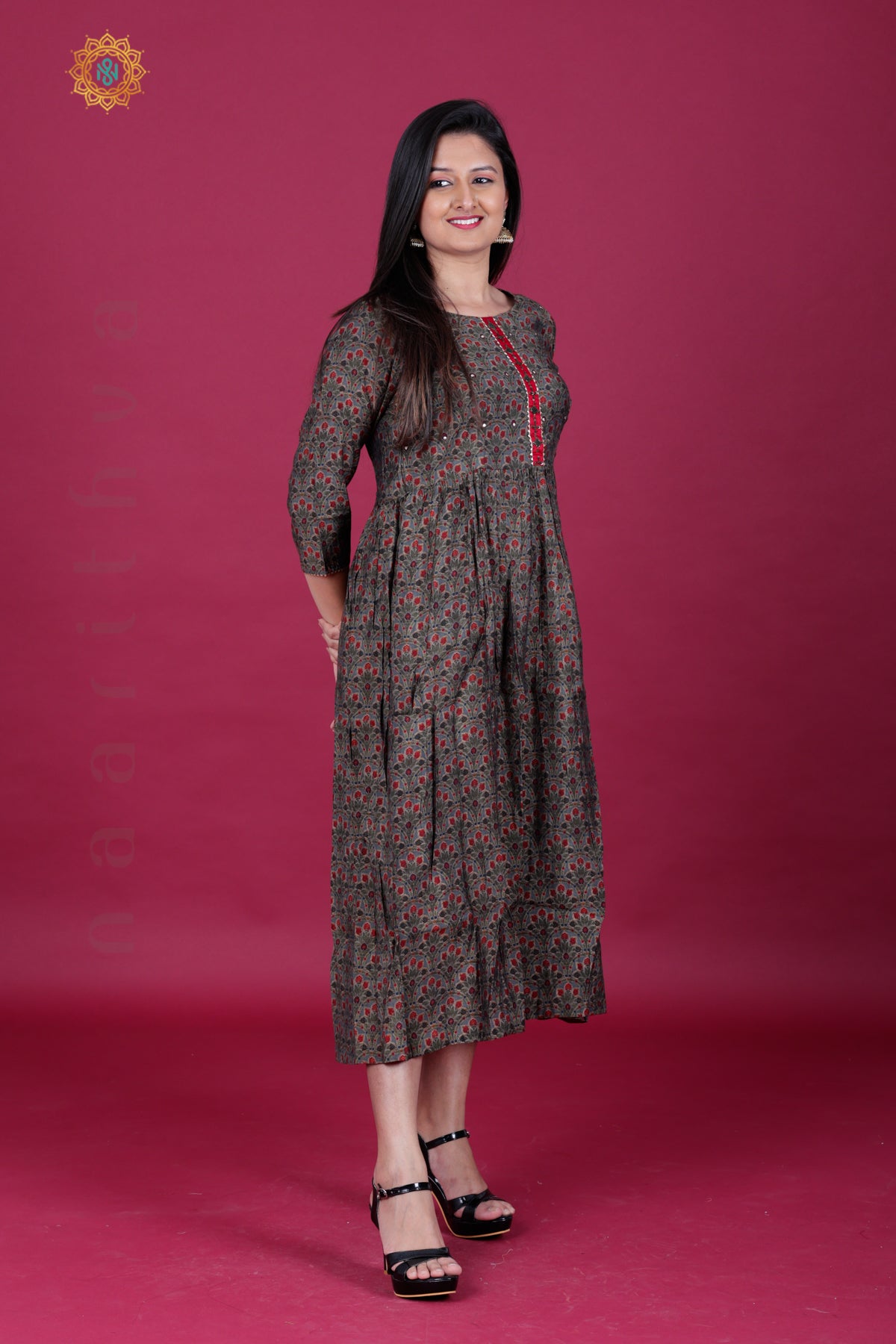 Pink and grey printed georgette flared dress by Athira Designs | The Secret  Label