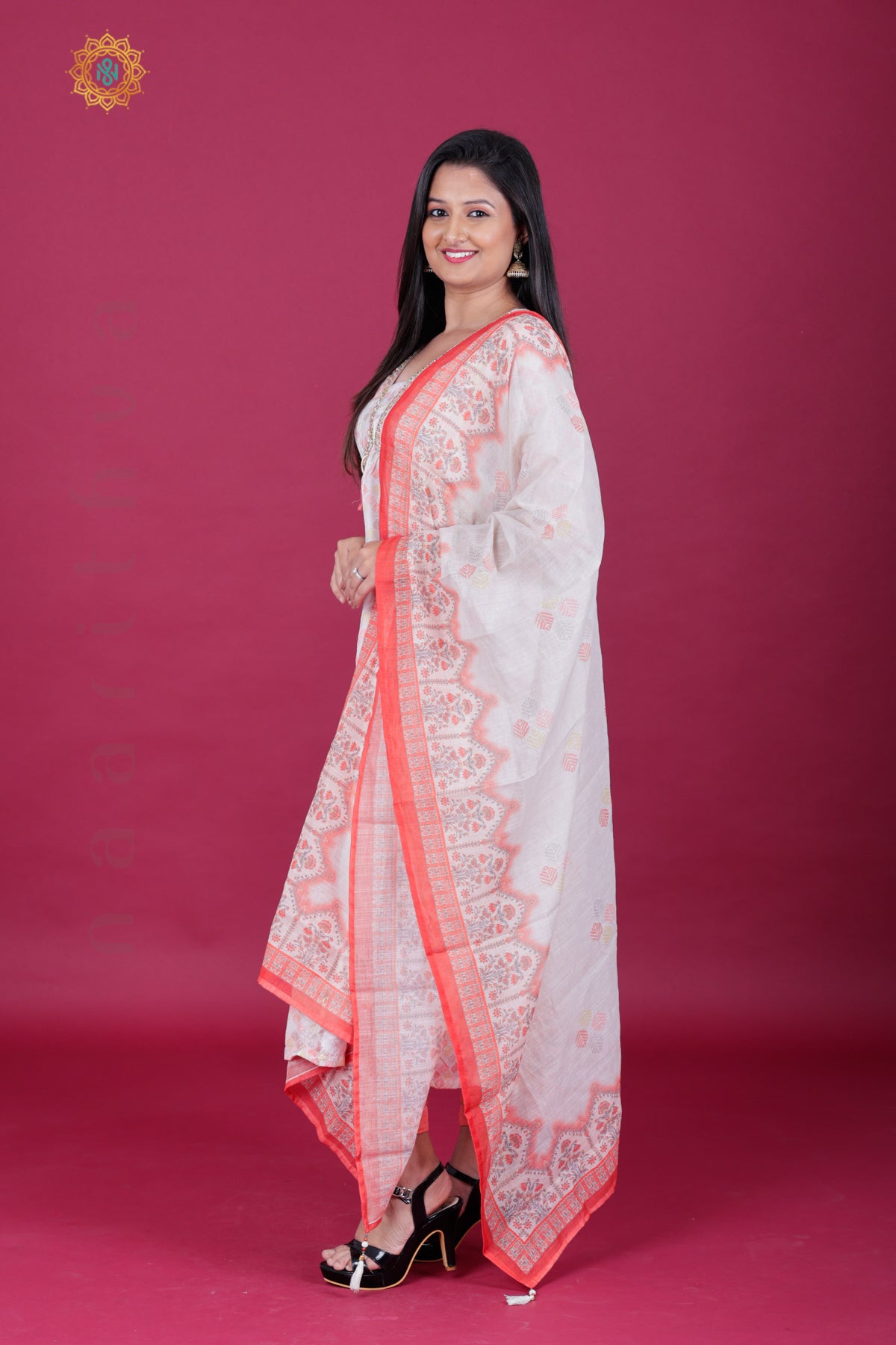 OFF WHITE WITH PEACH - PARTY WEAR ALIA CUT SALWAR SUIT
