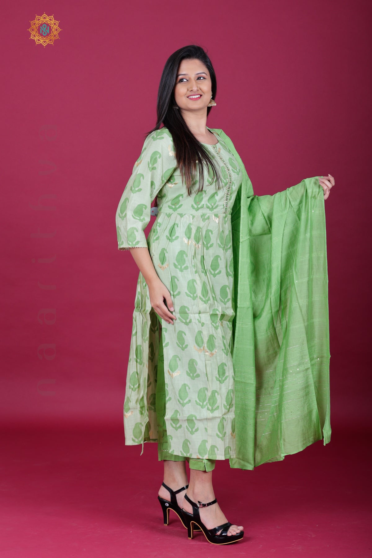 PISTA GREEN - SALWAR SUIT WITH NECK EMBROIDERY