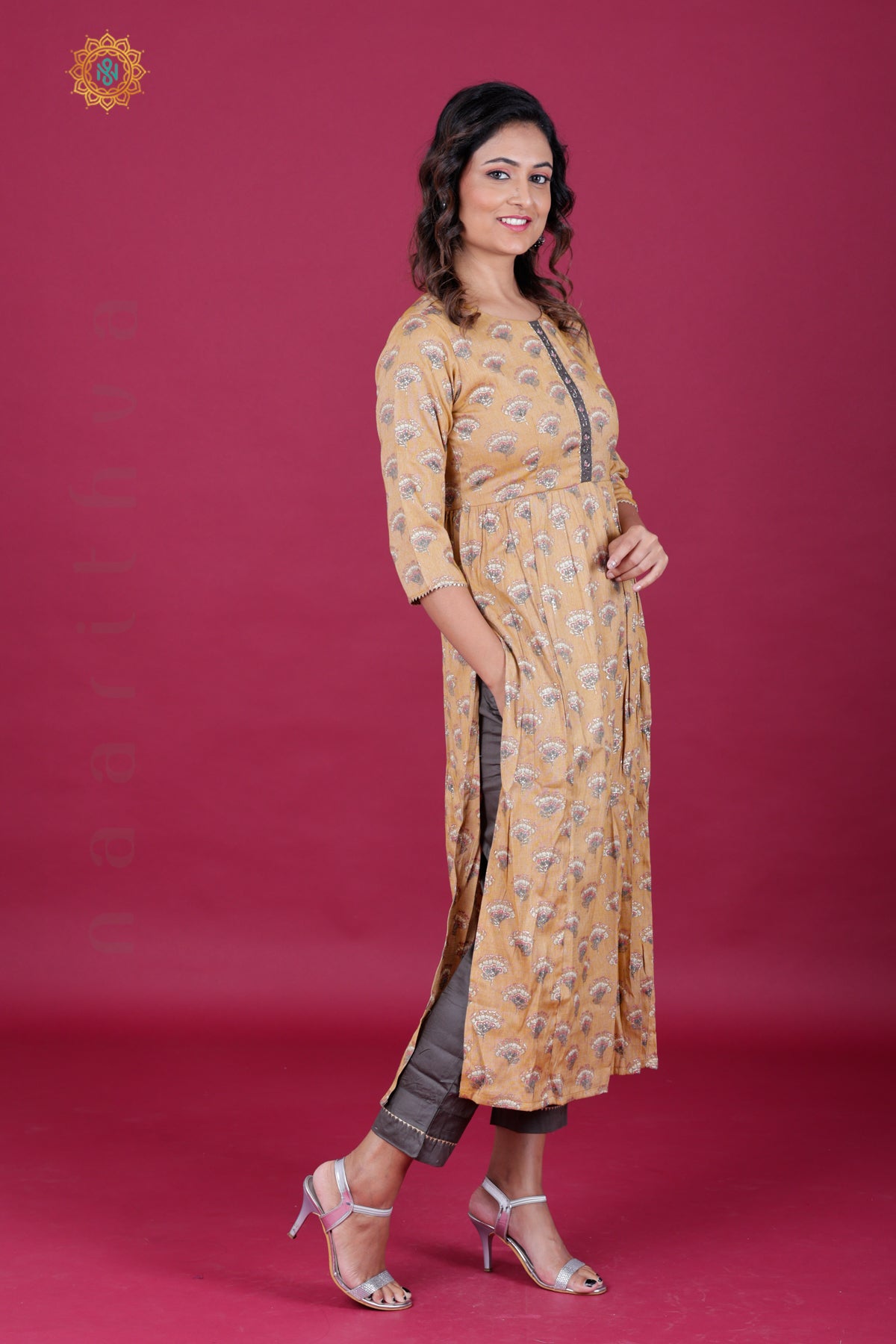 LIGHT BROWN WITH GREY - SALWAR SUIT WITH NECK EMBROIDERY