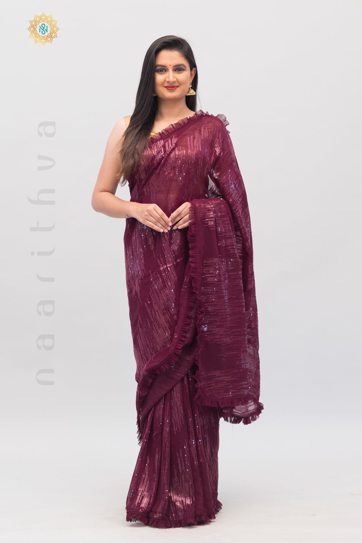 WINE - DESIGNER GEORGETTE WITH SEQUINS WORK & PLEATED BORDER