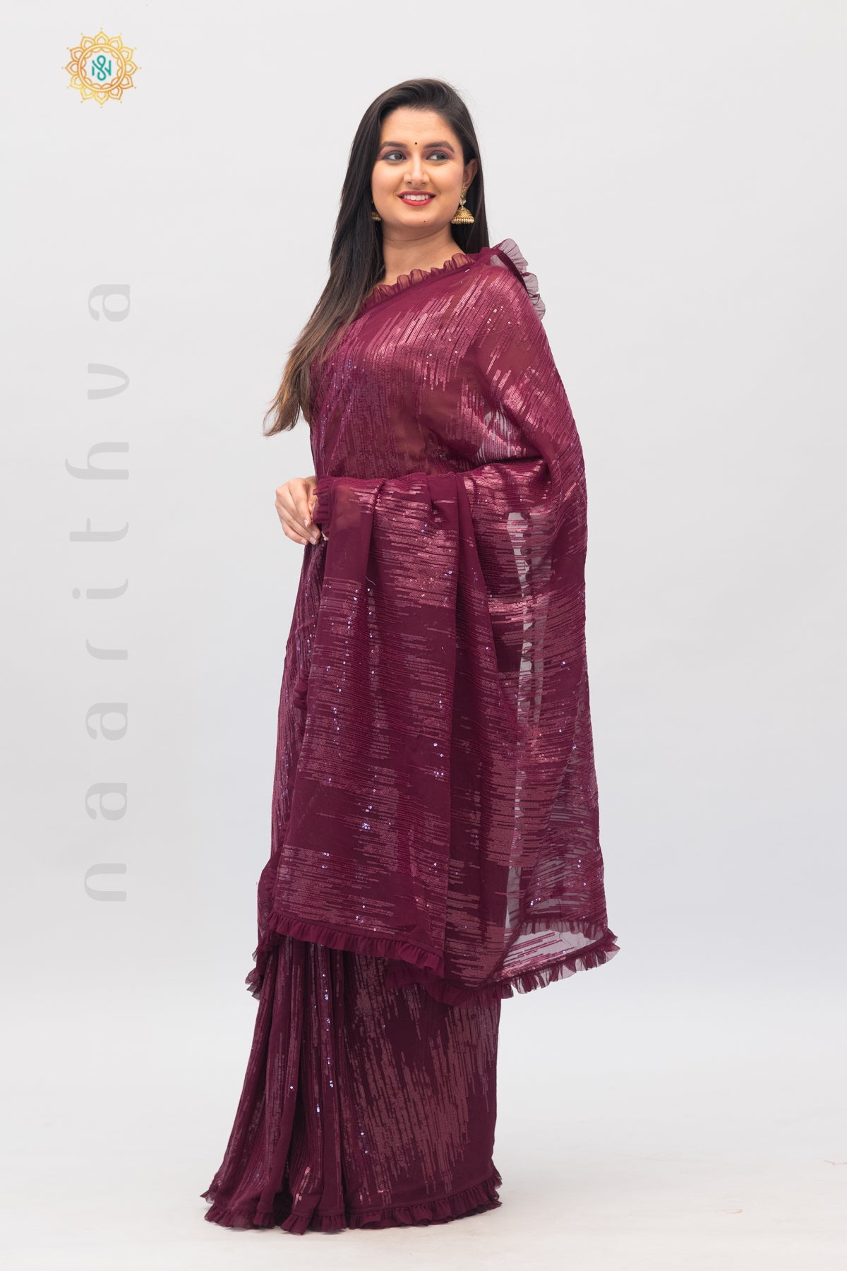 WINE - DESIGNER GEORGETTE WITH SEQUINS WORK & PLEATED BORDER