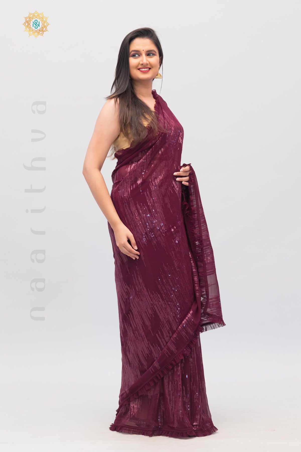 WINE - DESIGNER GEORGETTE WITH SEQUINS WORK & PLEATED BORDER