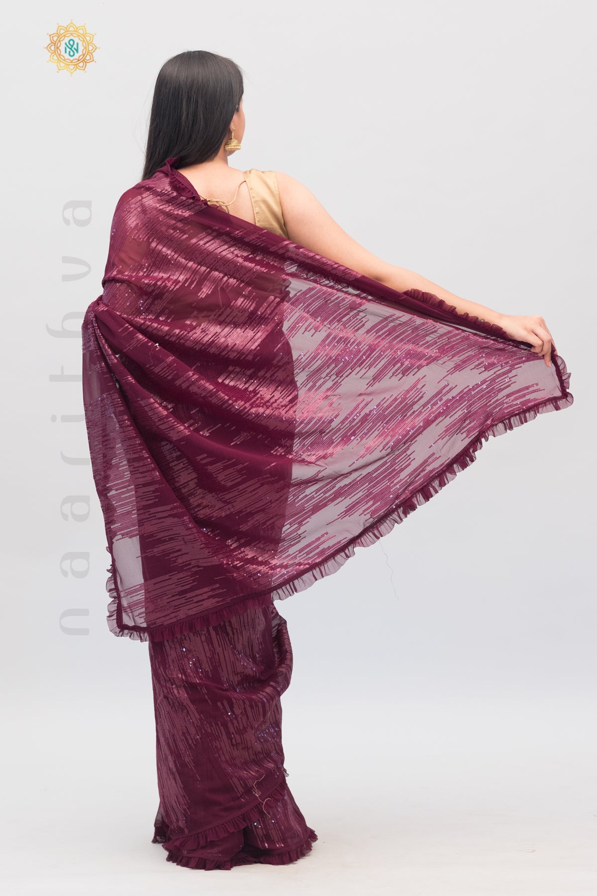 WINE - DESIGNER GEORGETTE WITH SEQUINS WORK & PLEATED BORDER