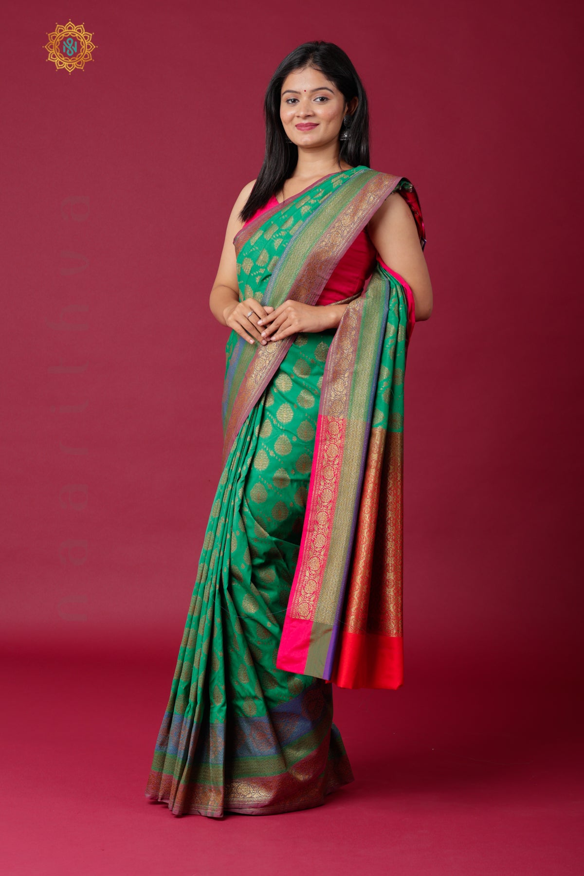 GREEN WITH RED - SEMI KATAN SILK WITH ANTIQUE ZARI BUTTA & CONTRAST BLOUSE