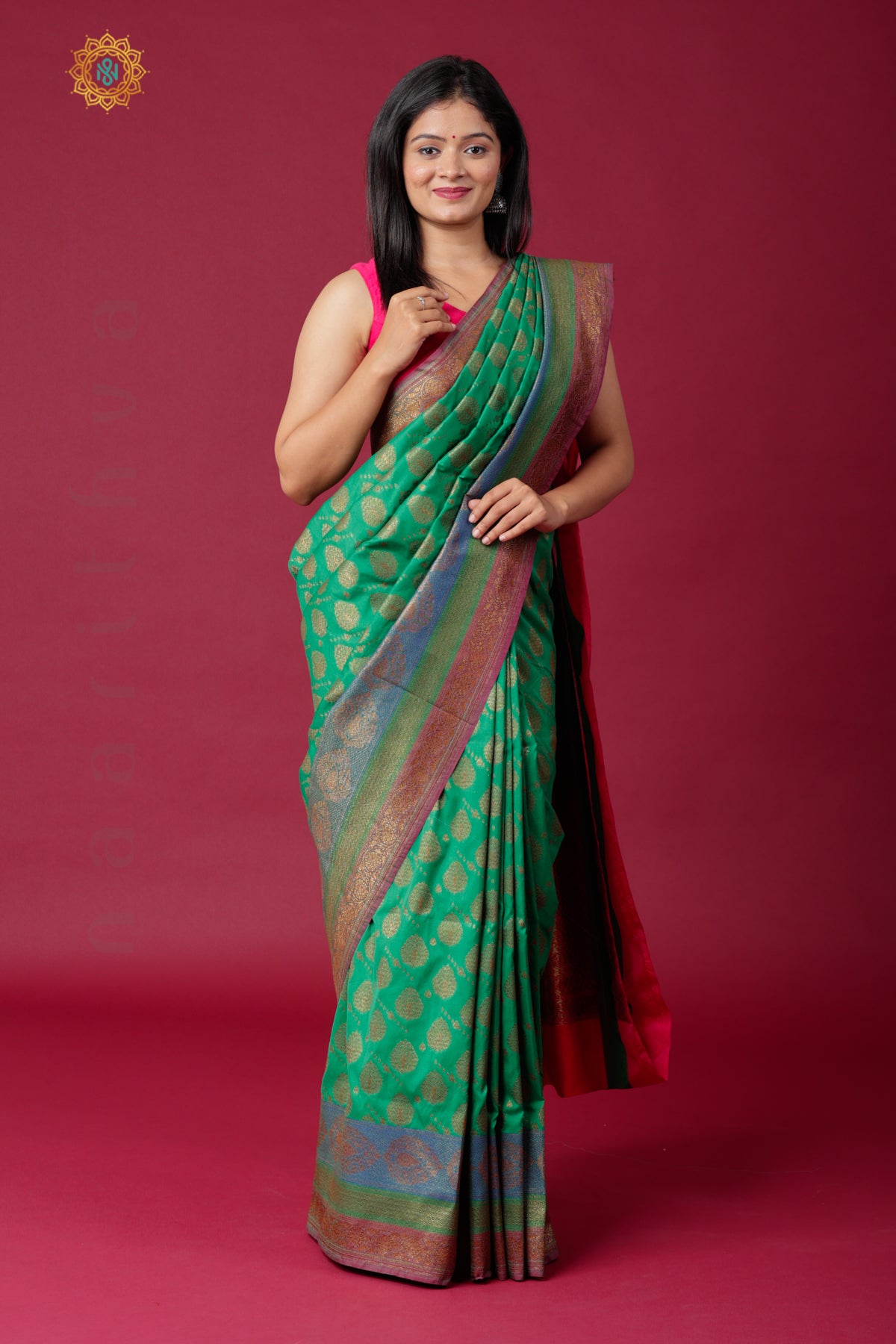 GREEN WITH RED - SEMI KATAN SILK WITH ANTIQUE ZARI BUTTA & CONTRAST BLOUSE