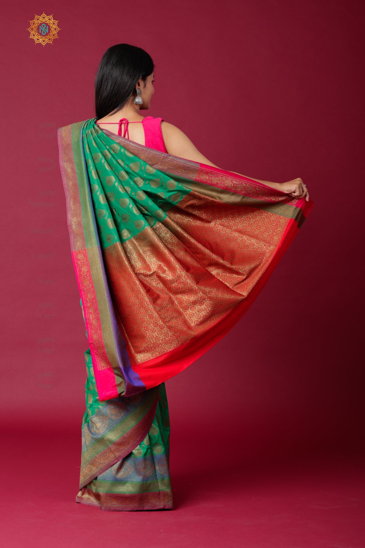 GREEN WITH RED - SEMI KATAN SILK WITH ANTIQUE ZARI BUTTA & CONTRAST BLOUSE