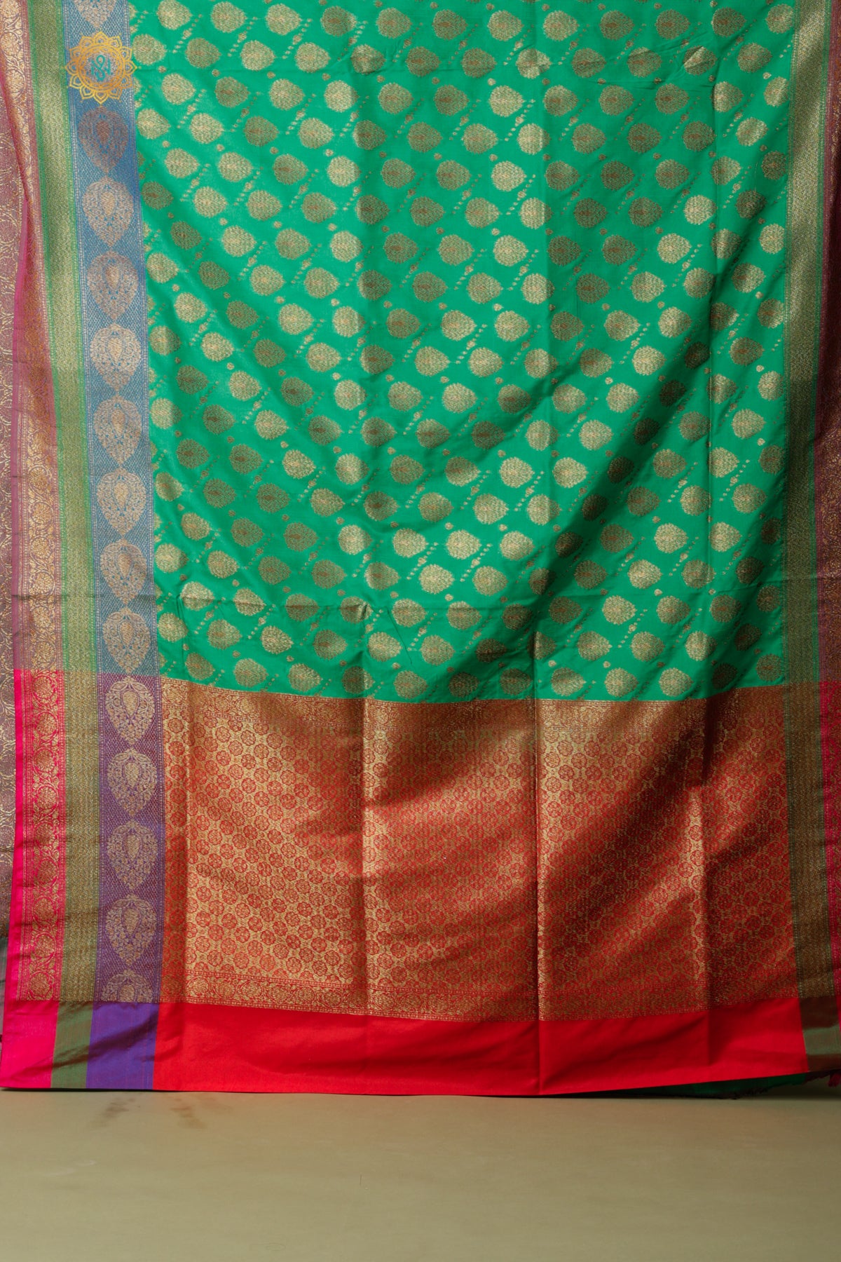 GREEN WITH RED - SEMI KATAN SILK WITH ANTIQUE ZARI BUTTA & CONTRAST BLOUSE