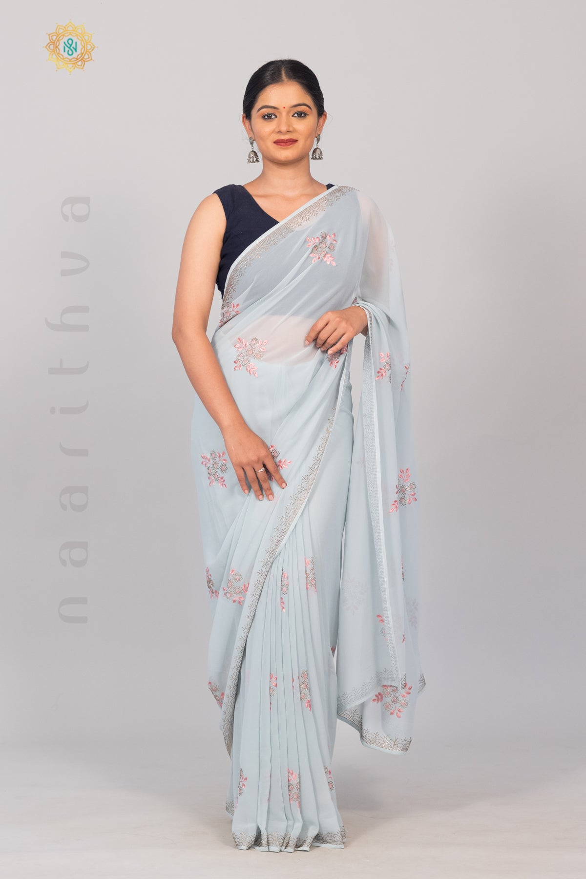 LIGHT BLUE - DESIGNER GEORGETTE SAREE WITH STONE WORK & EMBROIDERY