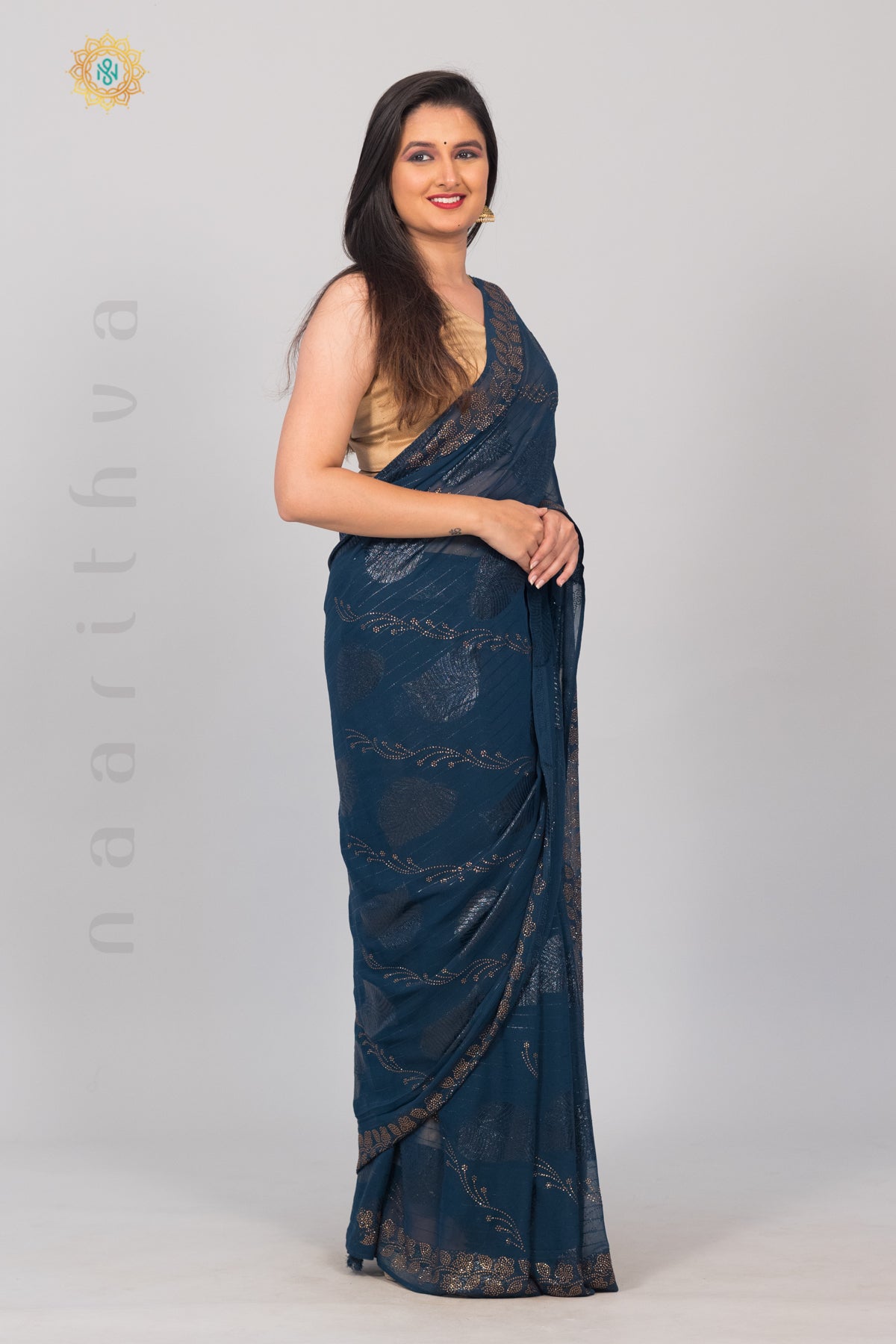 Chiffon Stone Work Saree In Teal Colour - SR1543698