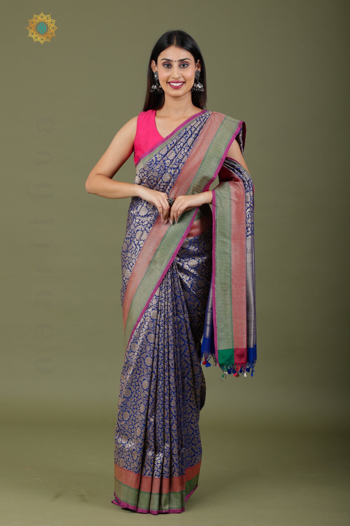 BLUE - SEMI KATAN SILK WITH GOLD ZARI BROCADE ALLOVER