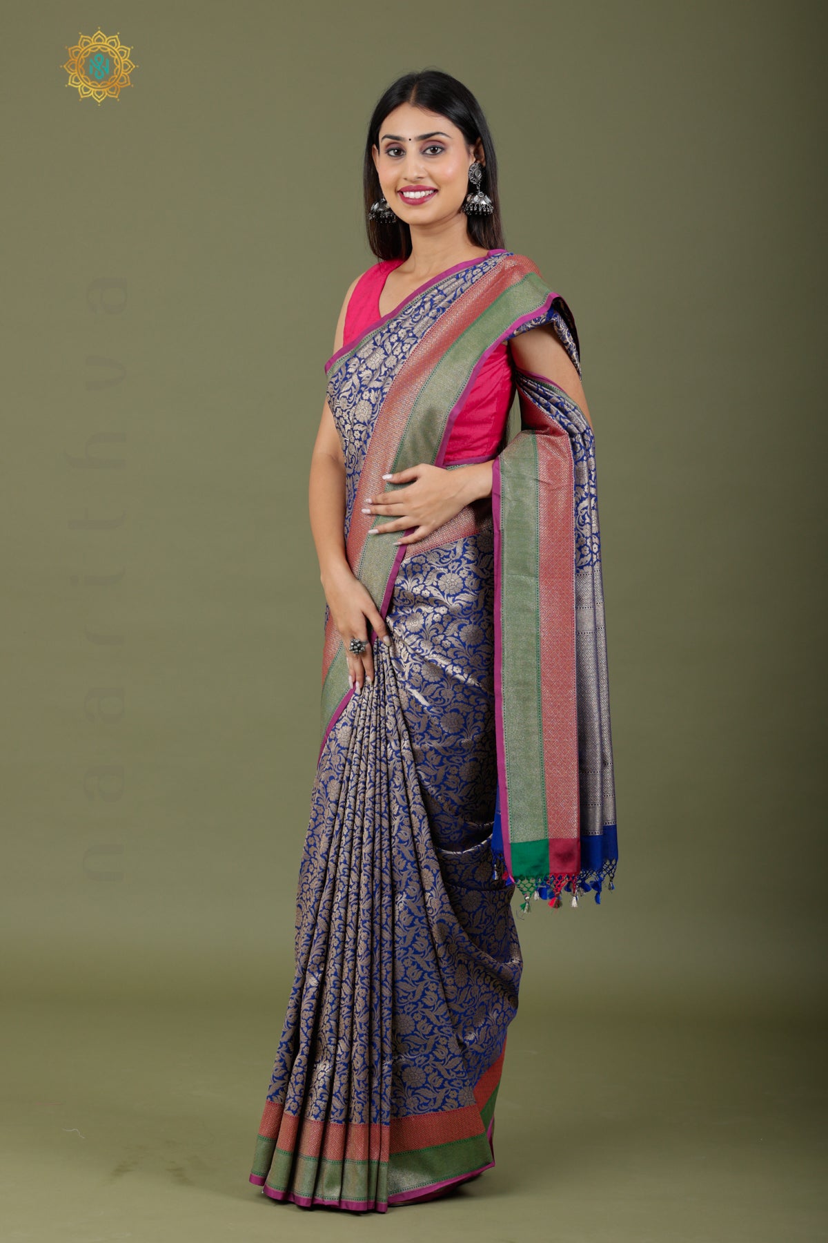 BLUE - SEMI KATAN SILK WITH GOLD ZARI BROCADE ALLOVER