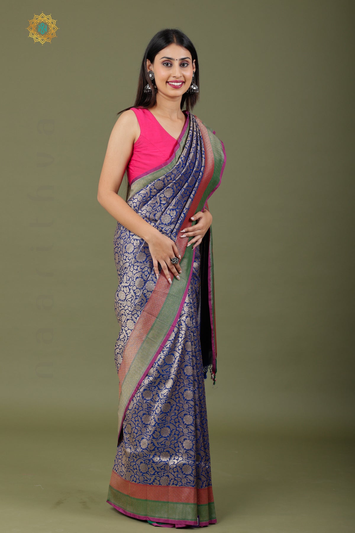 BLUE - SEMI KATAN SILK WITH GOLD ZARI BROCADE ALLOVER