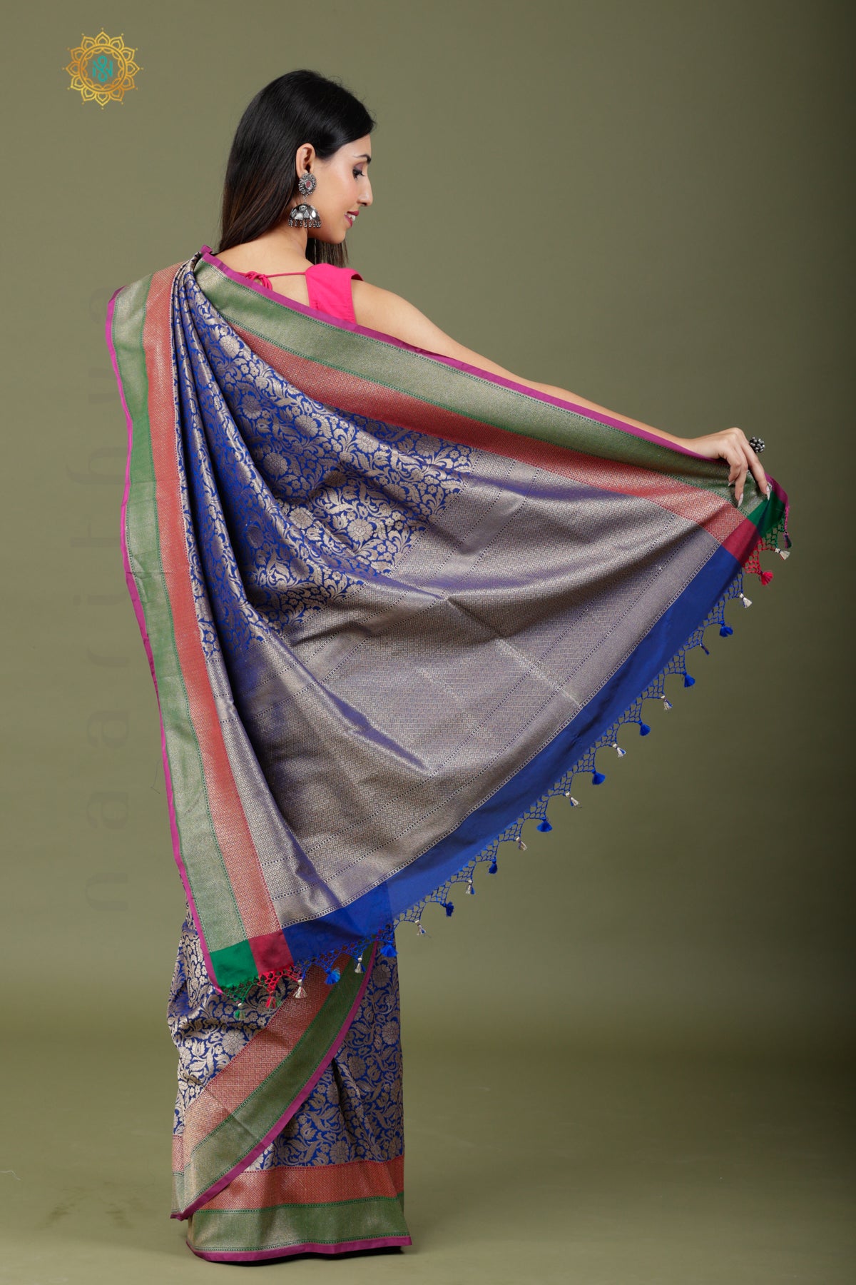 BLUE - SEMI KATAN SILK WITH GOLD ZARI BROCADE ALLOVER