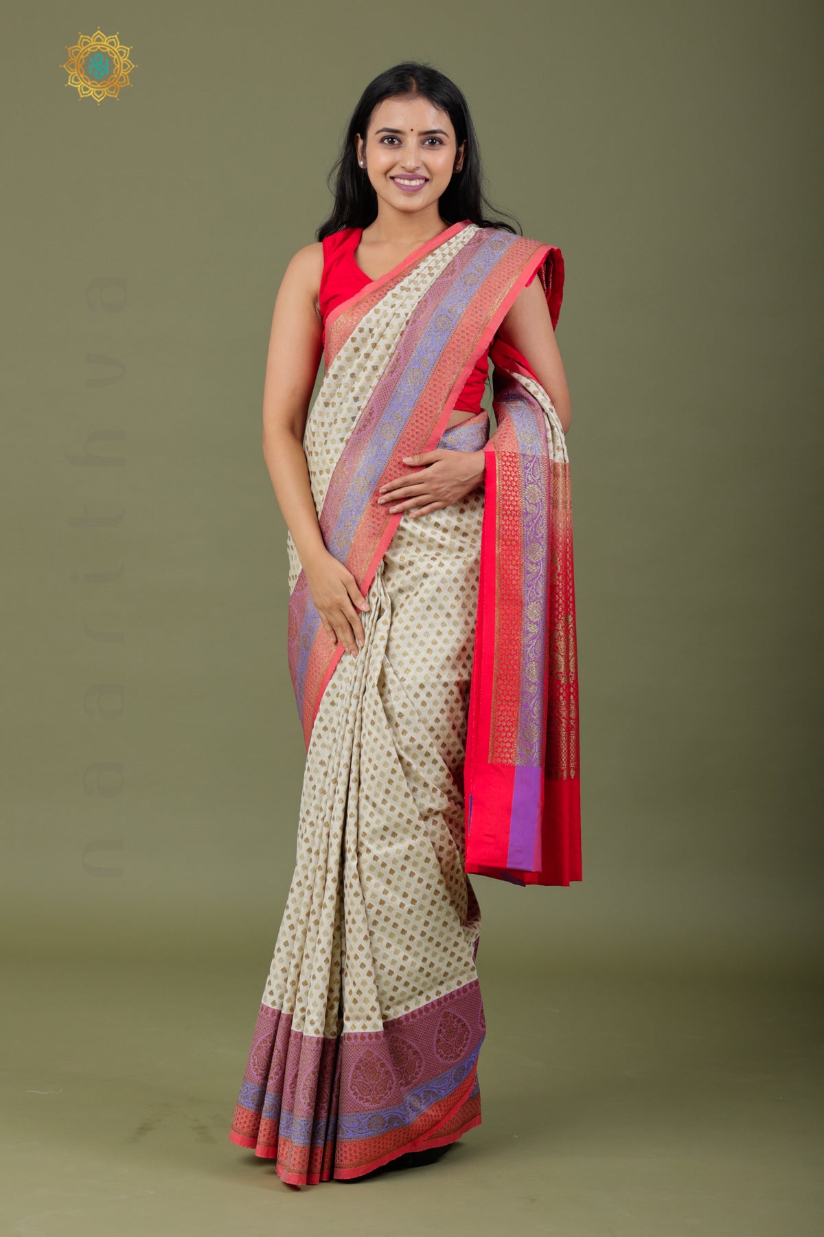 OFF WHITE WITH RED - SEMI KATAN SILK WITH ANTIQUE ZARI BUTTA & CONTRAST BLOUSE