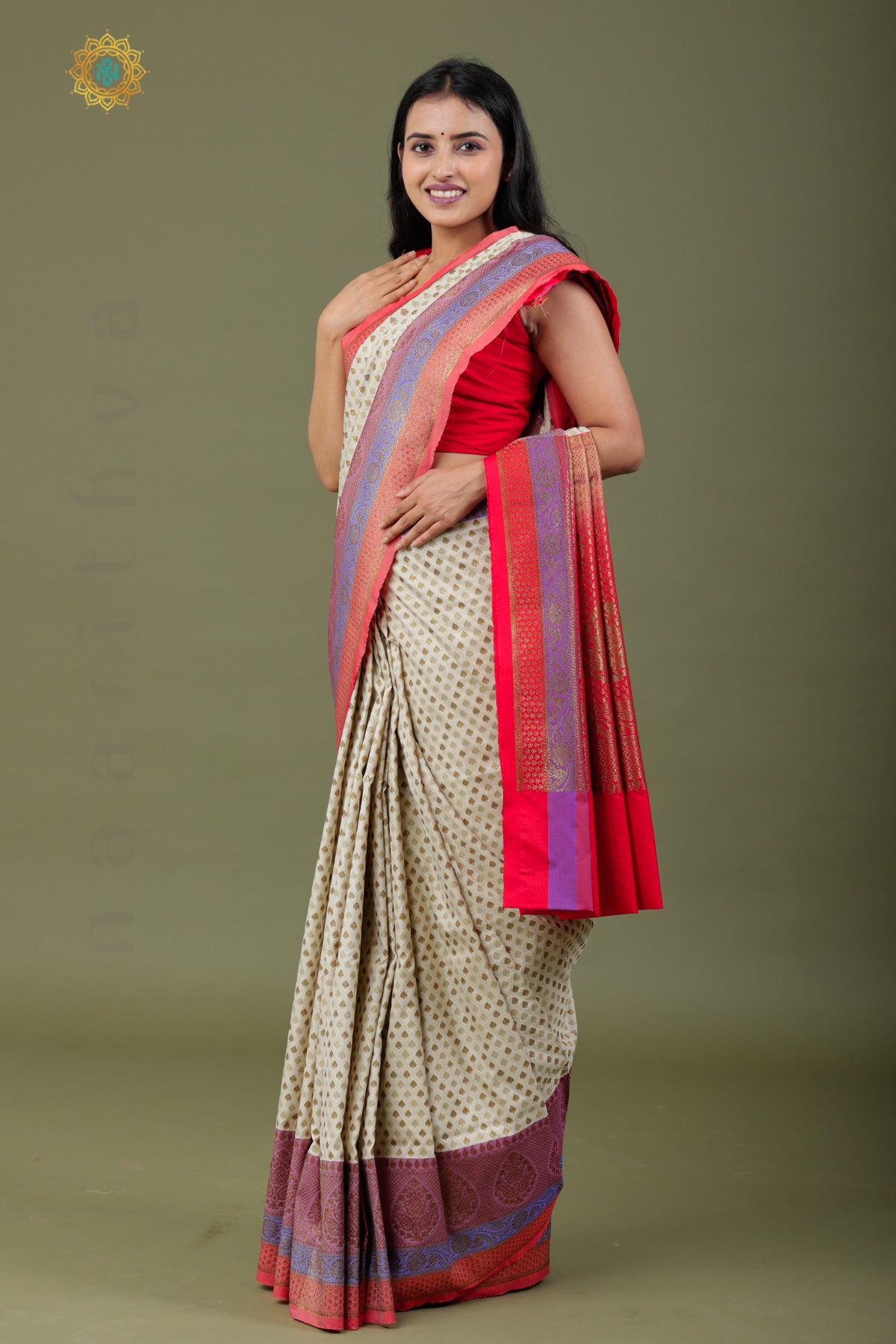 OFF WHITE WITH RED - SEMI KATAN SILK WITH ANTIQUE ZARI BUTTA & CONTRAST BLOUSE