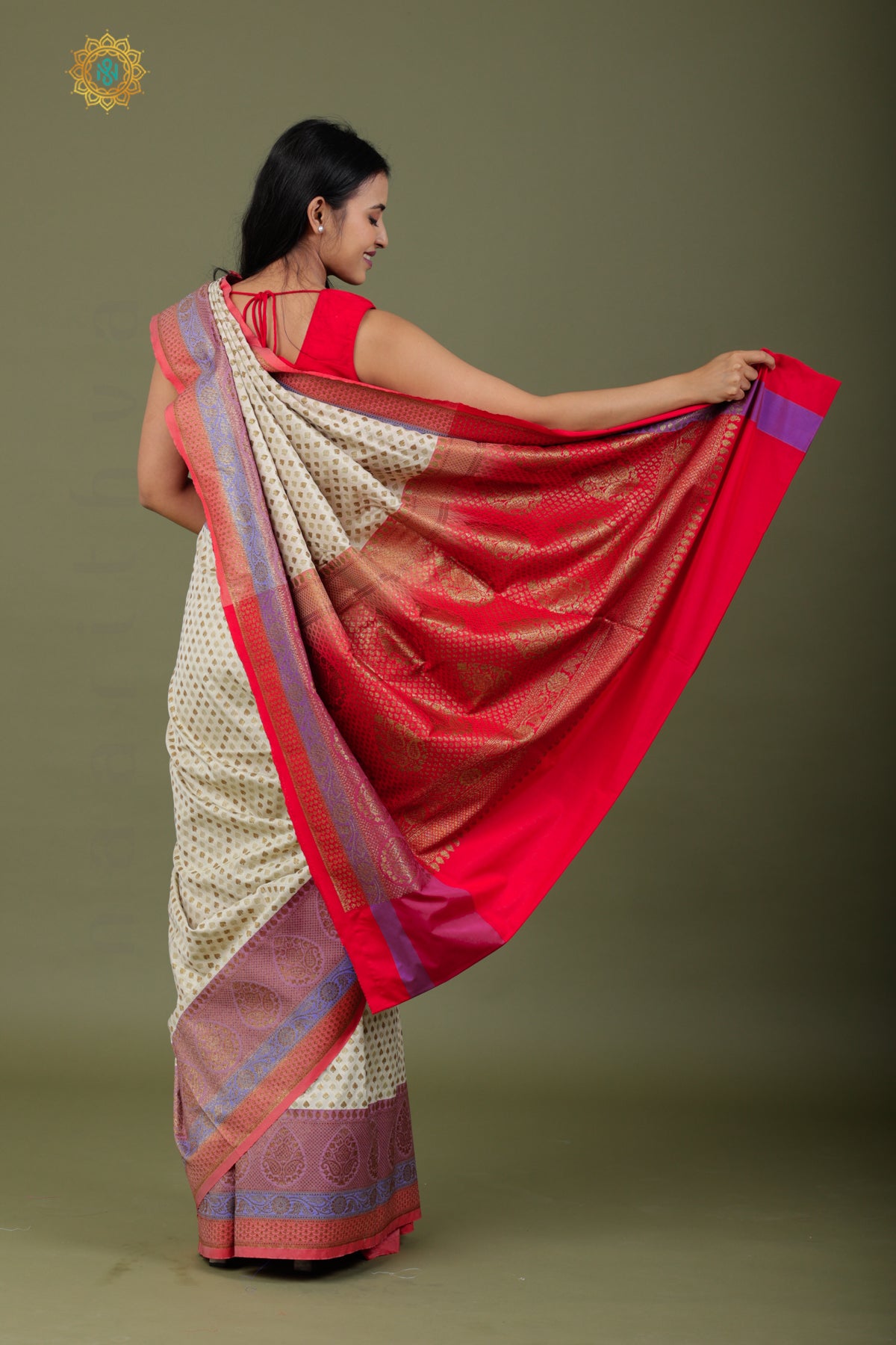 OFF WHITE WITH RED - SEMI KATAN SILK WITH ANTIQUE ZARI BUTTA & CONTRAST BLOUSE