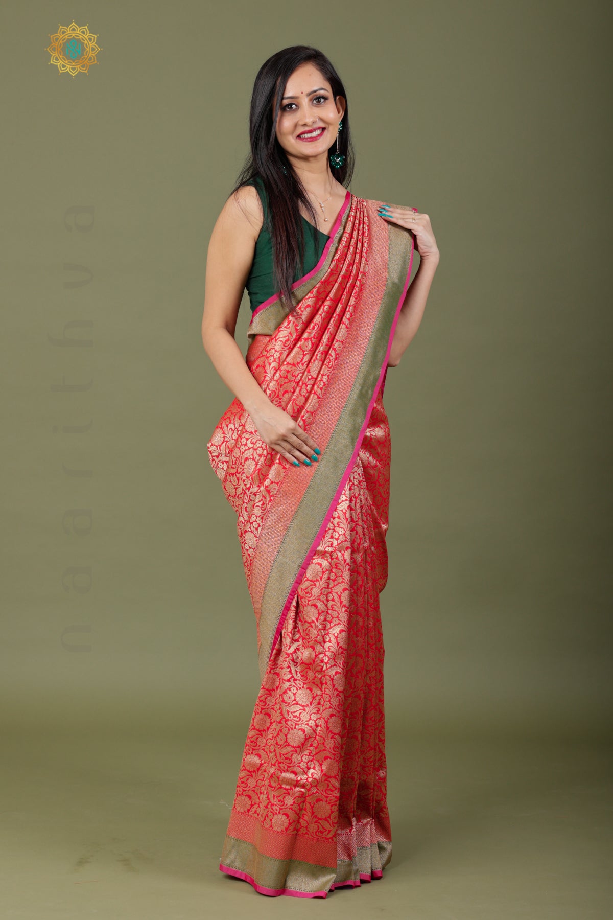 RED - SEMI KATAN SILK WITH GOLD ZARI WEAVES ALLOVER