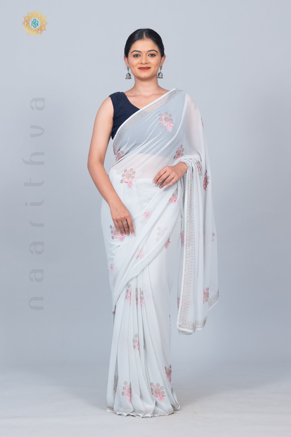 LIGHT BLUE - DESIGNER GEORGETTE SAREE WITH STONE WORK & EMBROIDERY