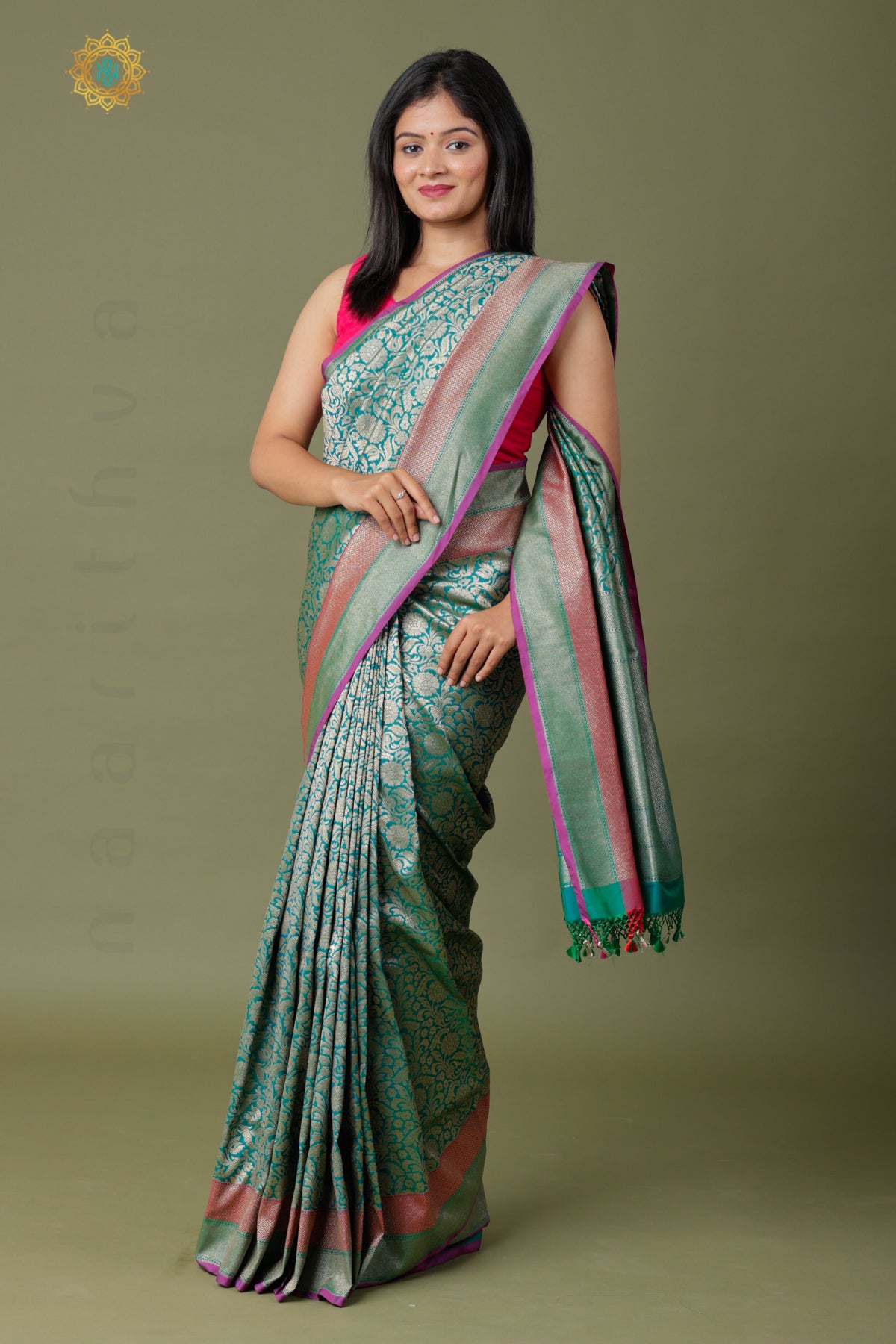 CYAN GREEN - SEMI KATAN SILK WITH GOLD ZARI WEAVES ALLOVER